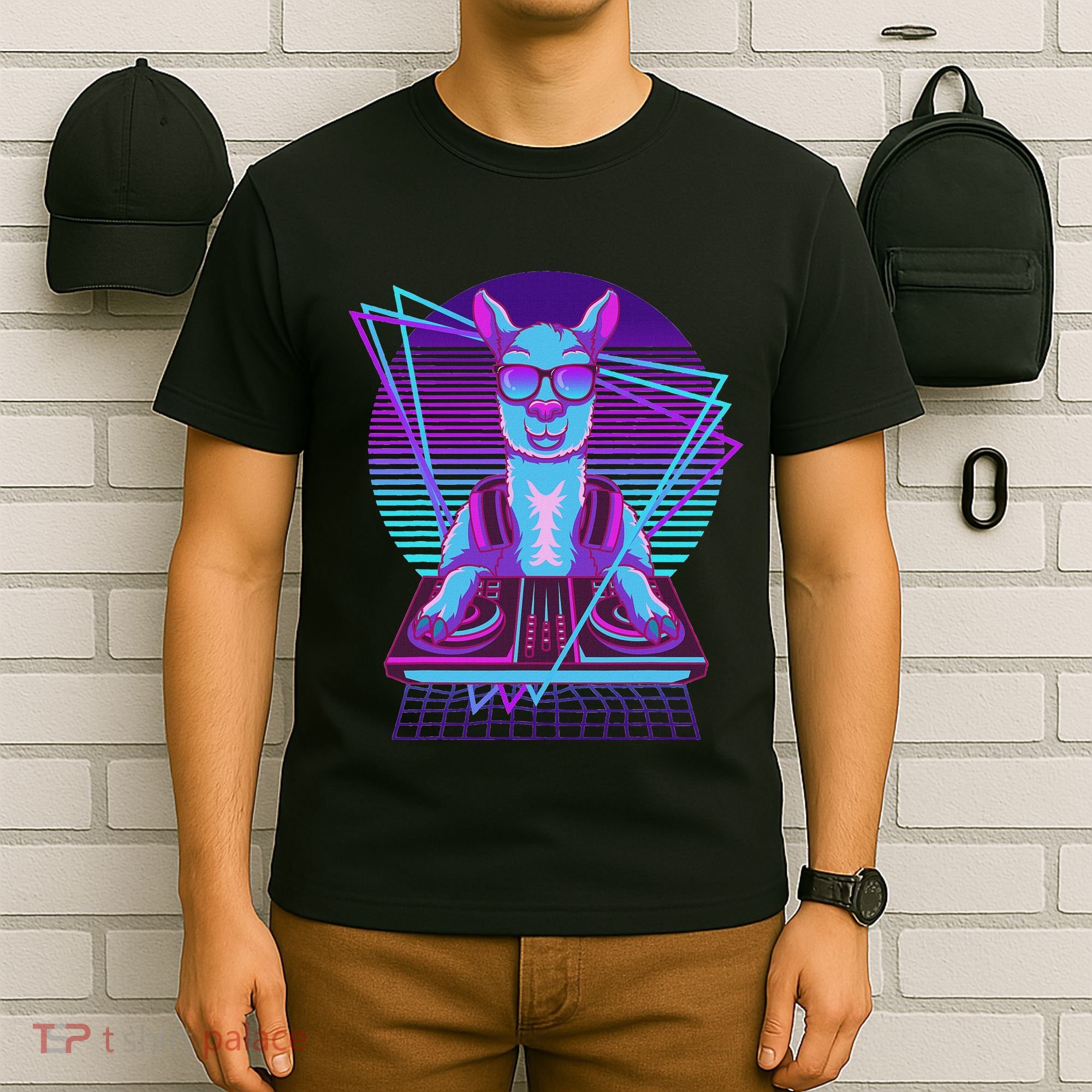 Vaporwave Llama Dj Turntable Sunglass Llama T-Shirt
