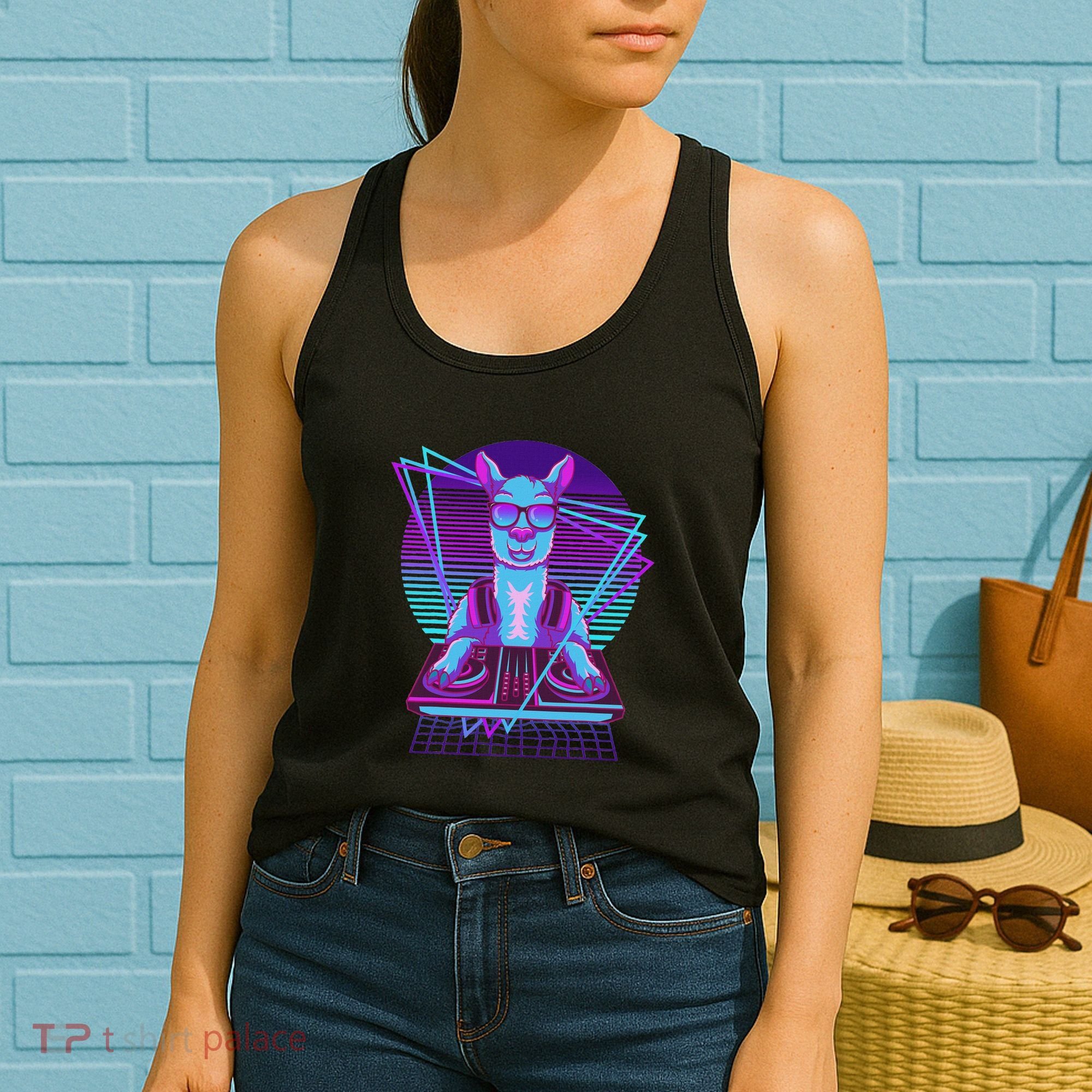 Vaporwave Llama Dj Turntable Sunglass Llama Women's Tank Top