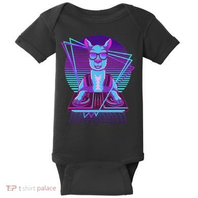 Vaporwave Llama Dj Turntable Sunglass Llama Baby Bodysuit