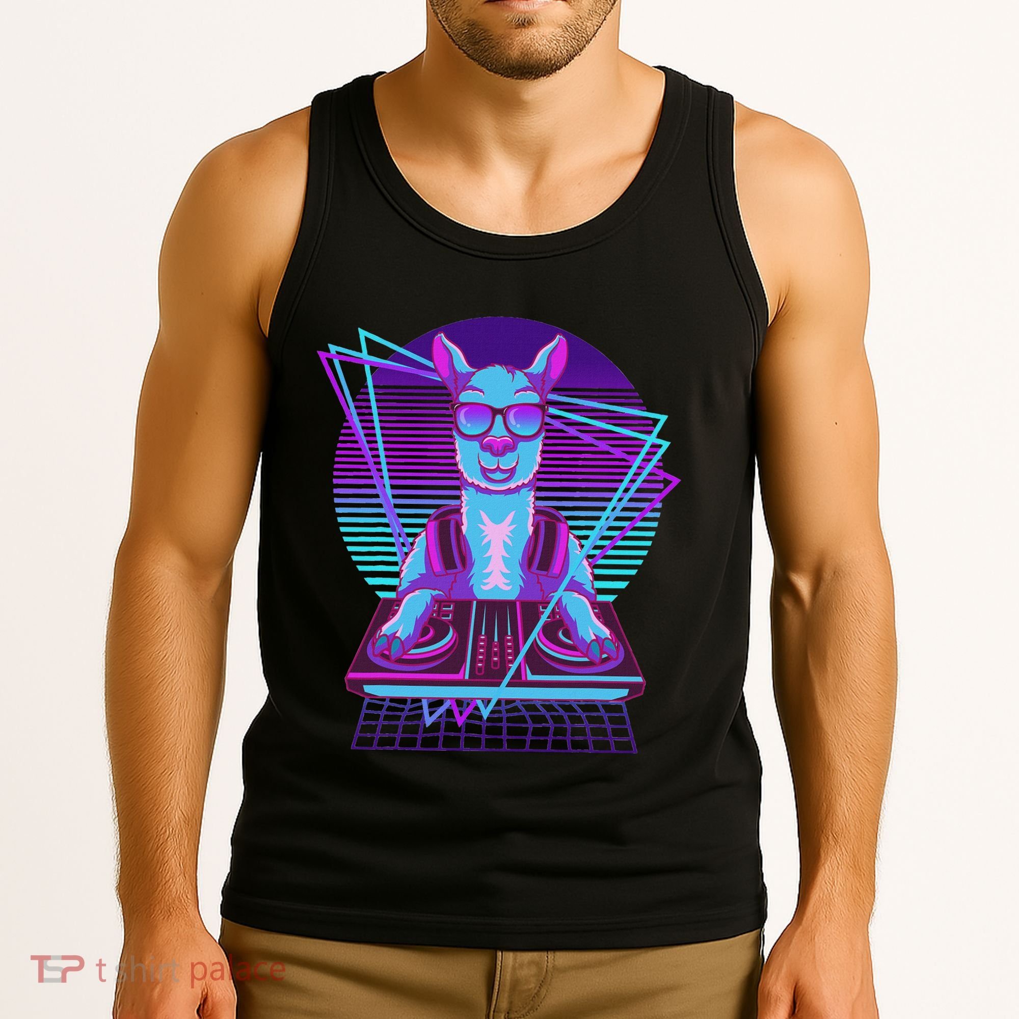 Vaporwave Llama Dj Turntable Sunglass Llama Tank Top