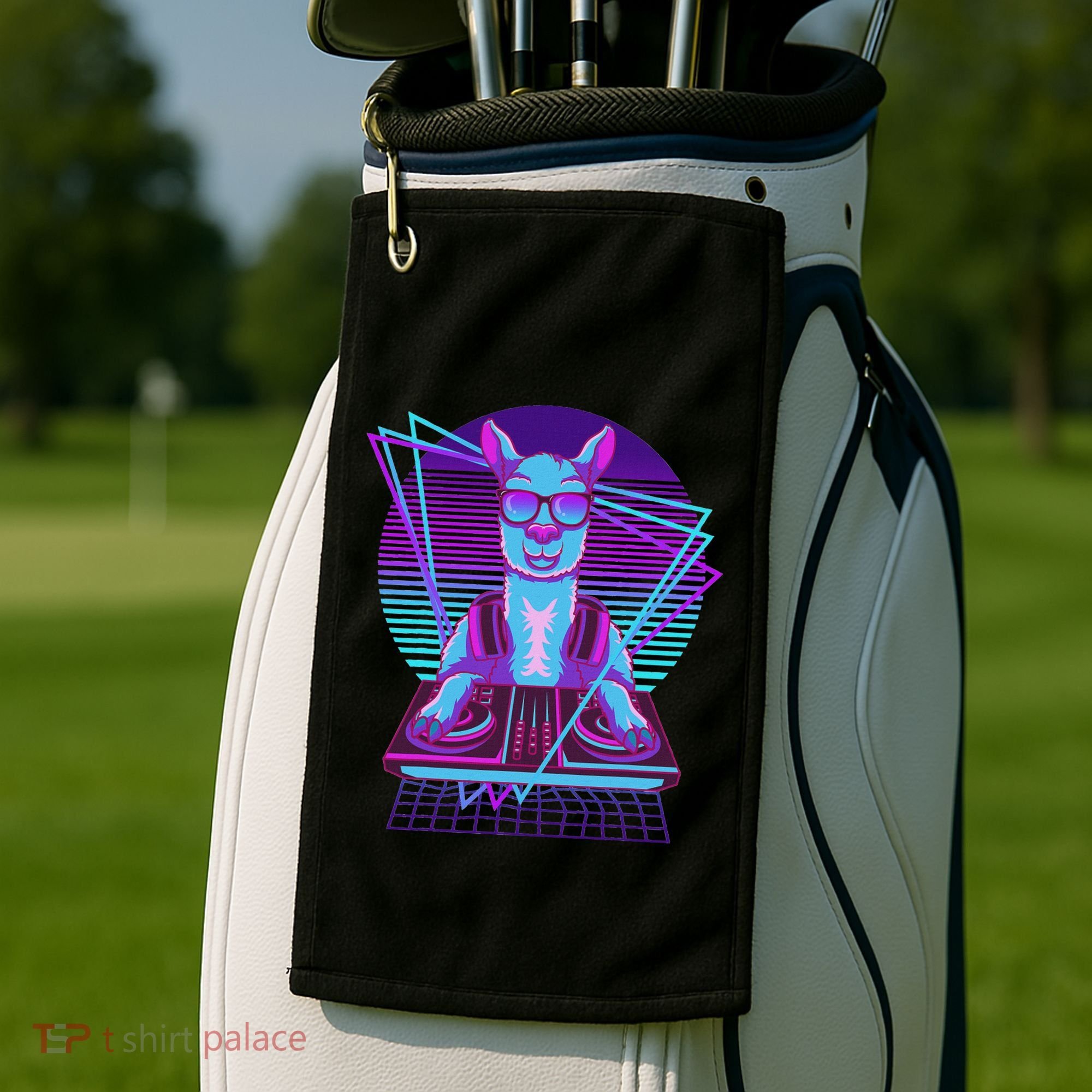 Vaporwave Llama Dj Turntable Sunglass Llama Golf Towel