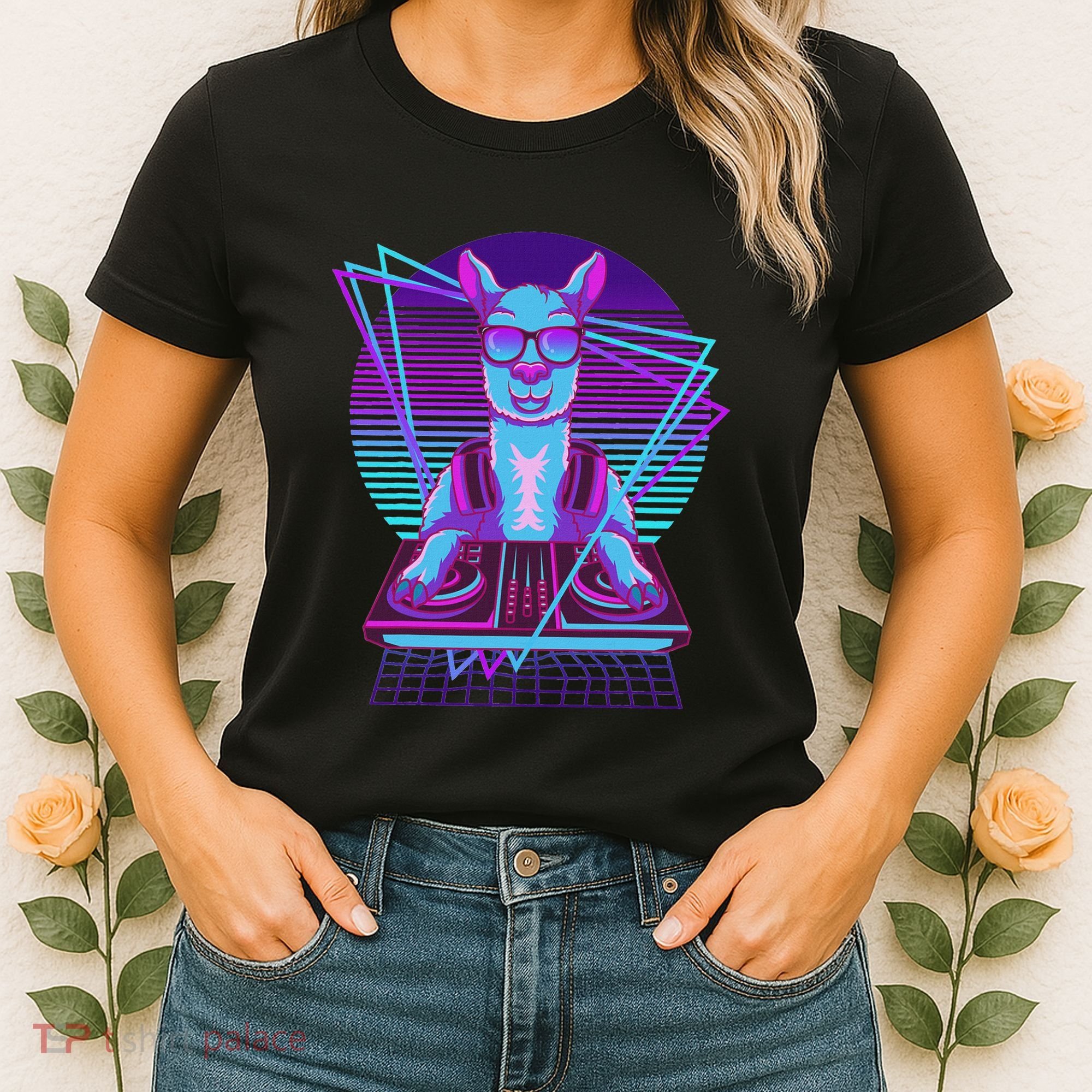 Vaporwave Llama Dj Turntable Sunglass Llama Women's T-Shirt