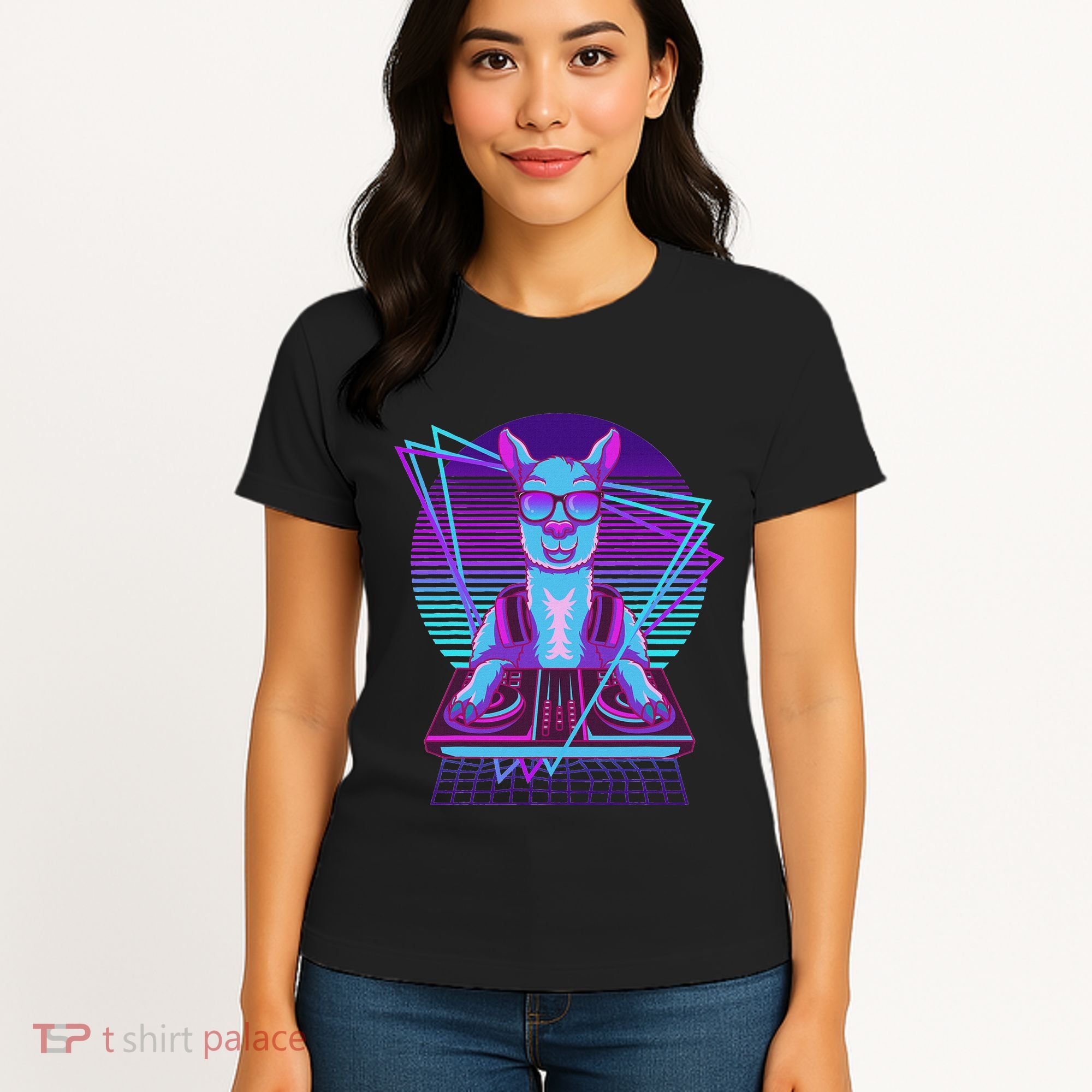 Vaporwave Llama Dj Turntable Sunglass Llama Women's T-Shirt
