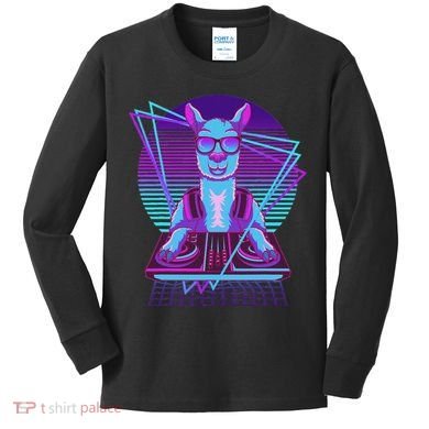 Vaporwave Llama Dj Turntable Sunglass Llama Kids Long Sleeve Shirt