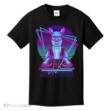 Vaporwave Llama Dj Turntable Sunglass Llama Kids T-Shirt