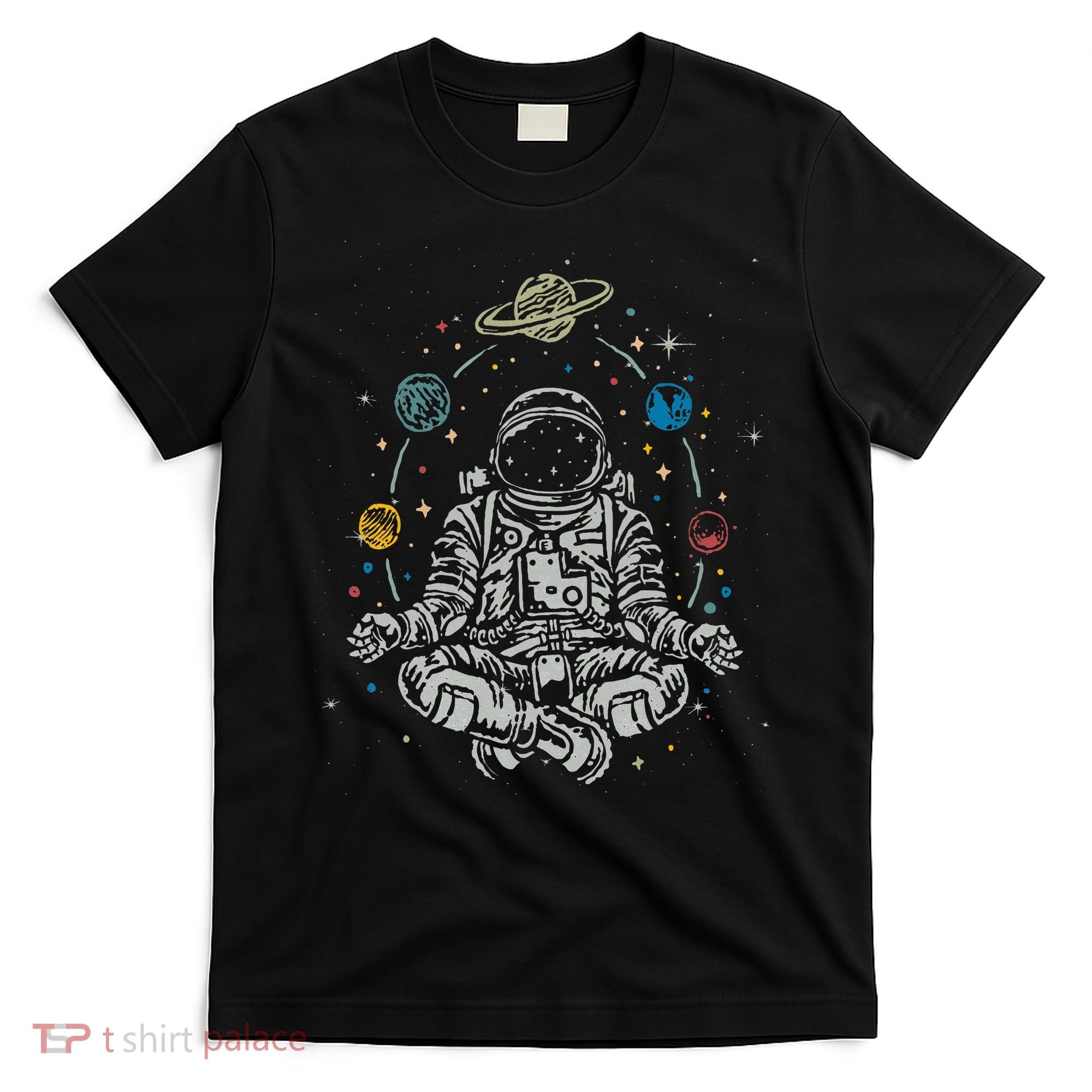 Vintage Lotus Meditating Astronaut Zen Yoga Planets Universe T-Shirt