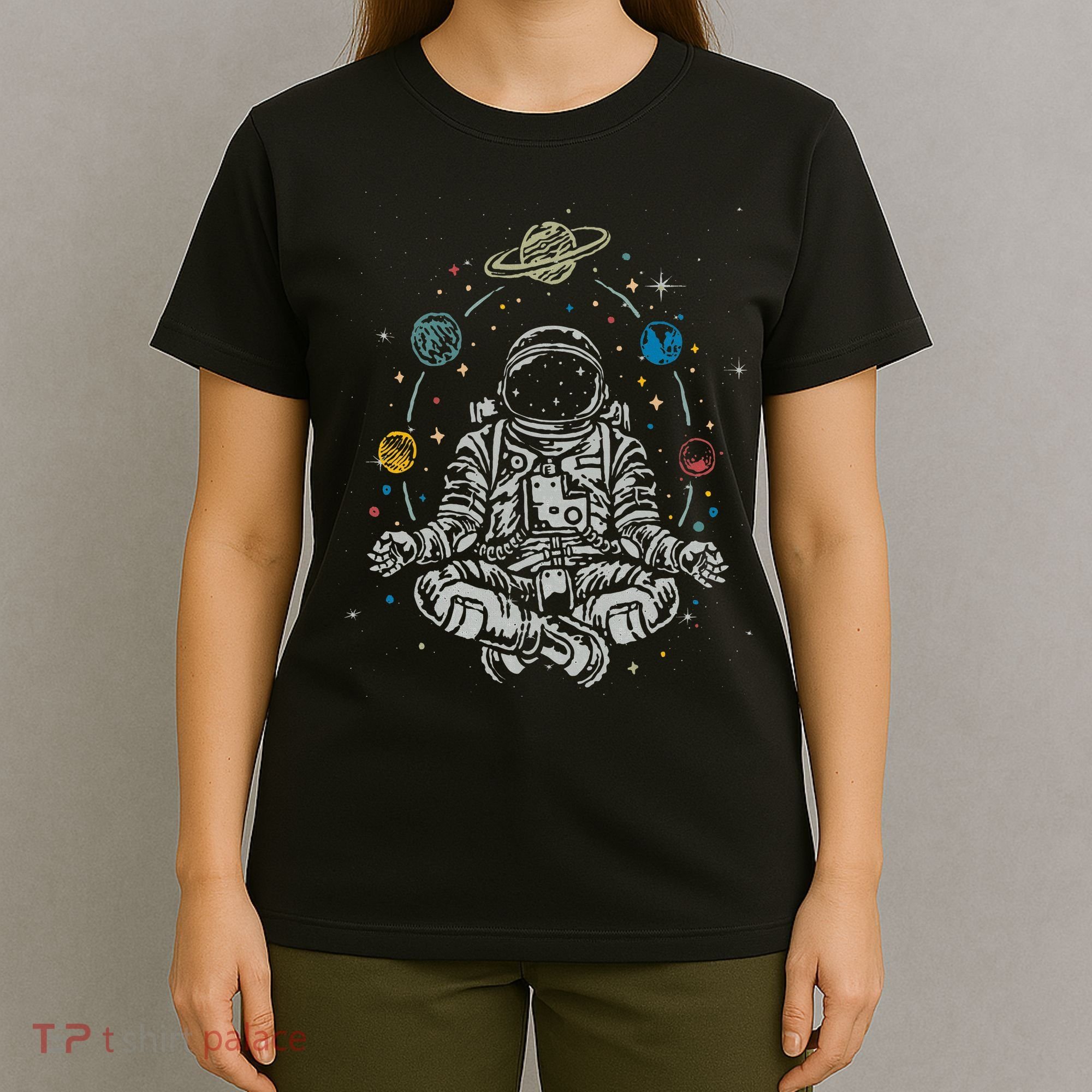 Vintage Lotus Meditating Astronaut Zen Yoga Planets Universe T-Shirt