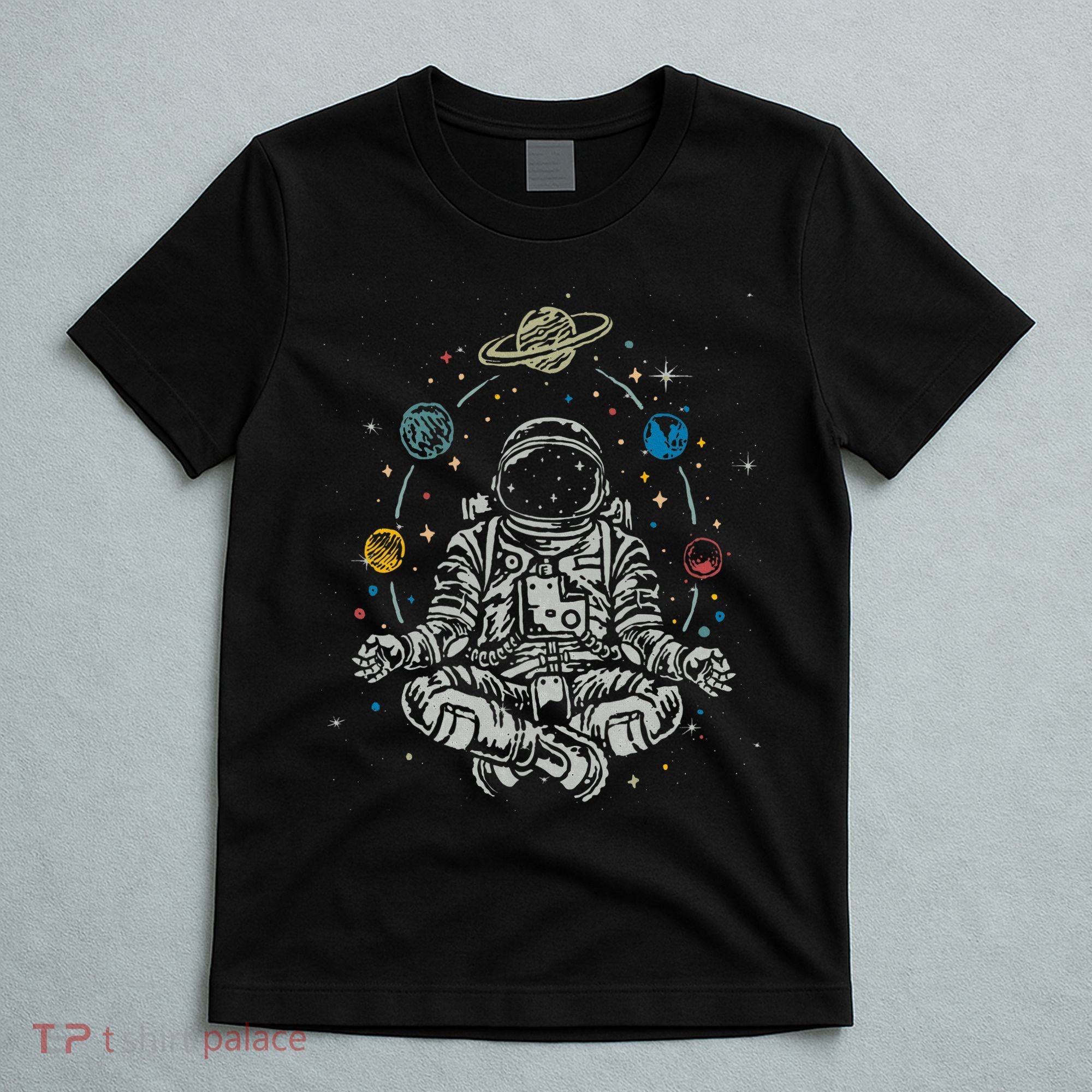 Vintage Lotus Meditating Astronaut Zen Yoga Planets Universe T-Shirt