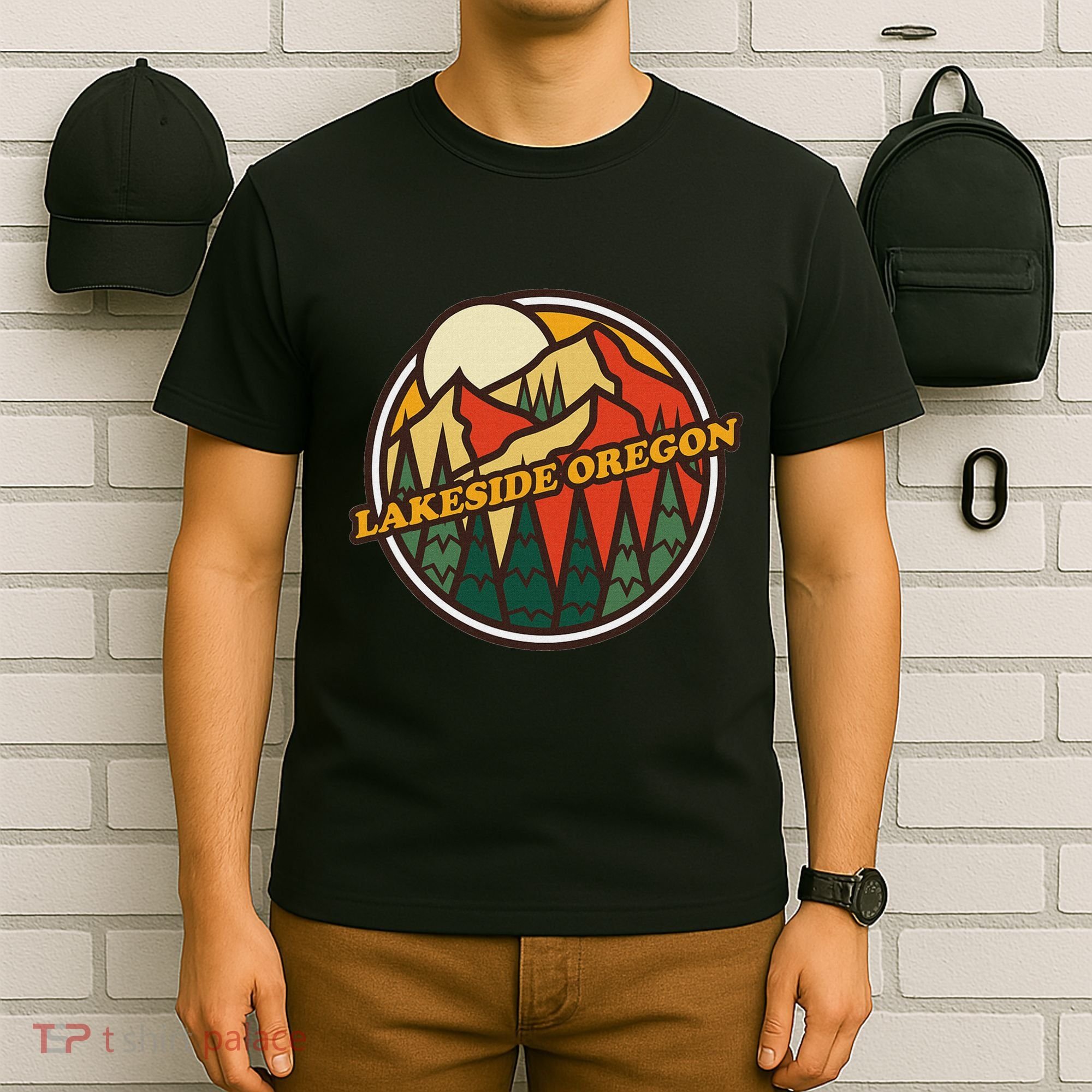 Vintage Lakeside Oregon Mountain Hiking Souvenir Print T-Shirt