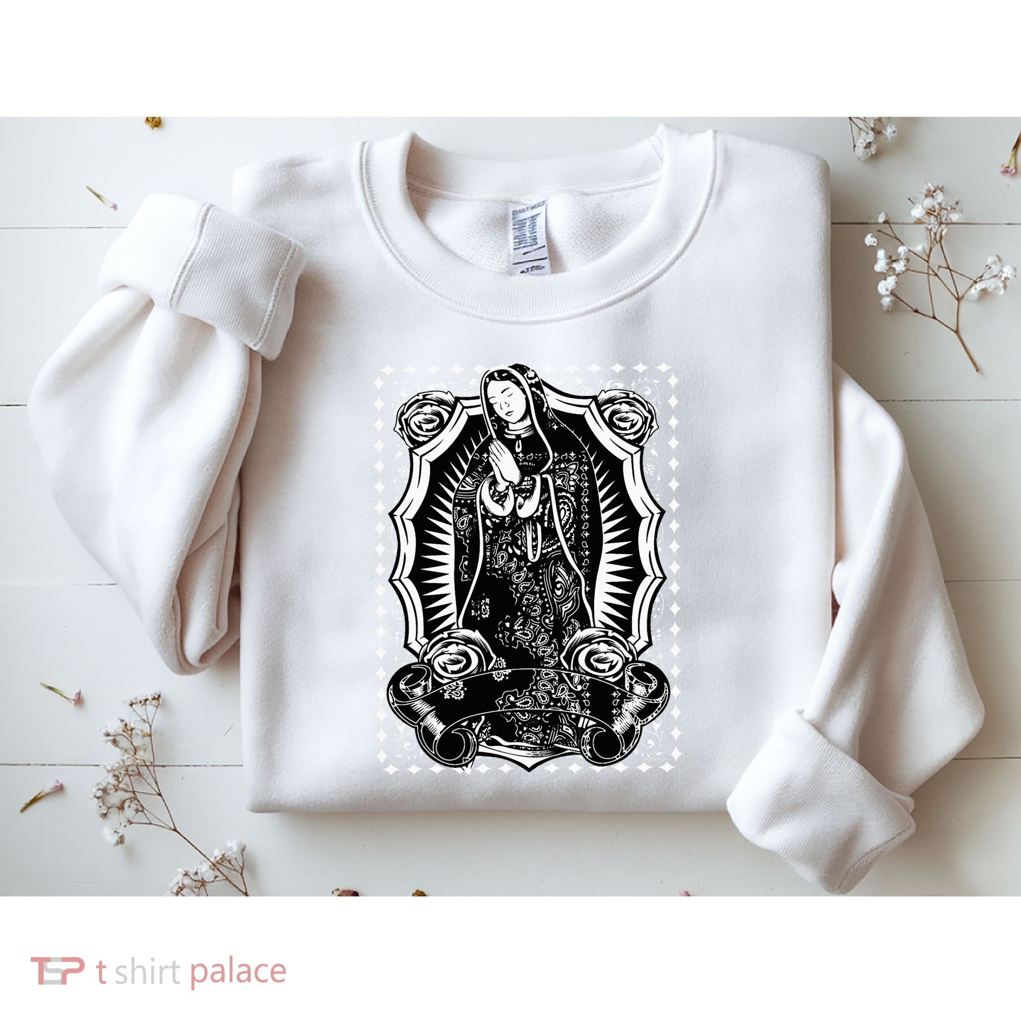 Virgin Mary Black White Bandana Print Chicano Art Cholo Sweatshirt