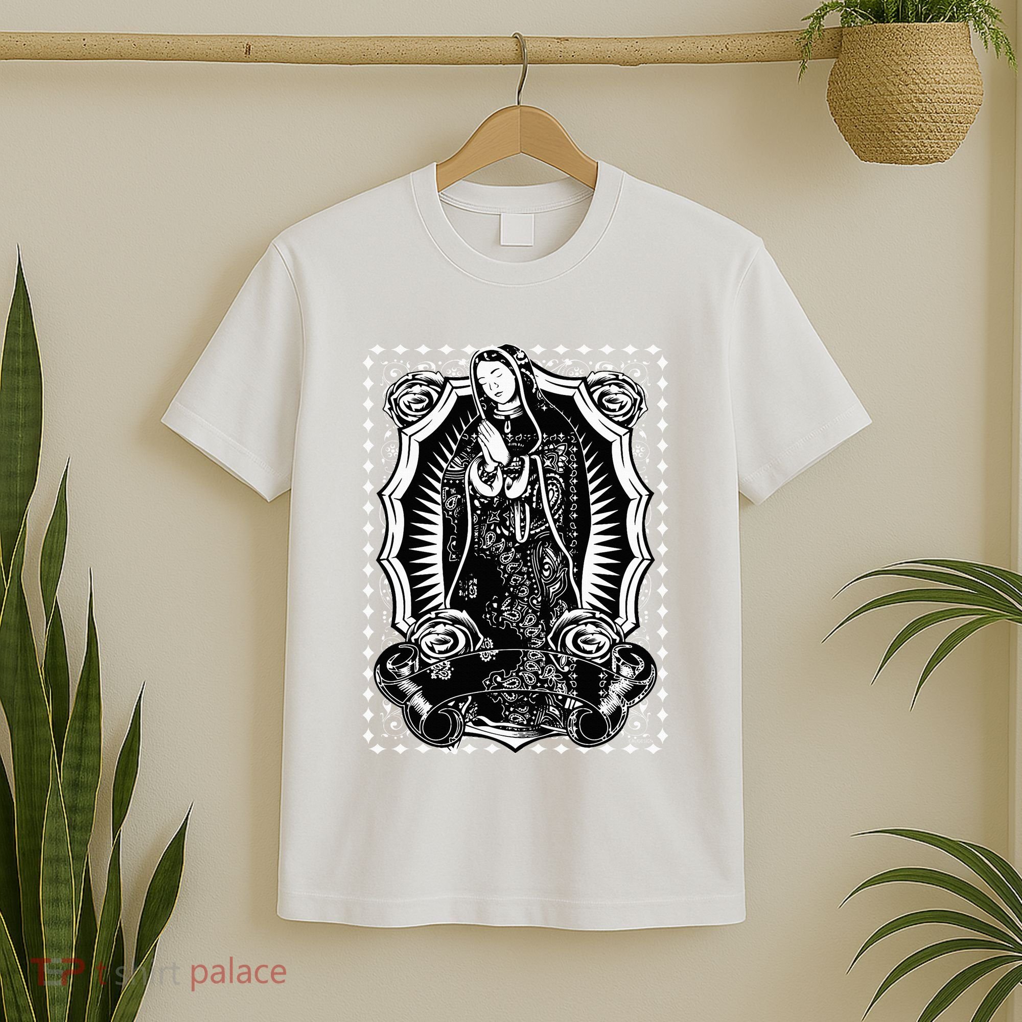 Virgin Mary Black White Bandana Print Chicano Art Cholo T-Shirt