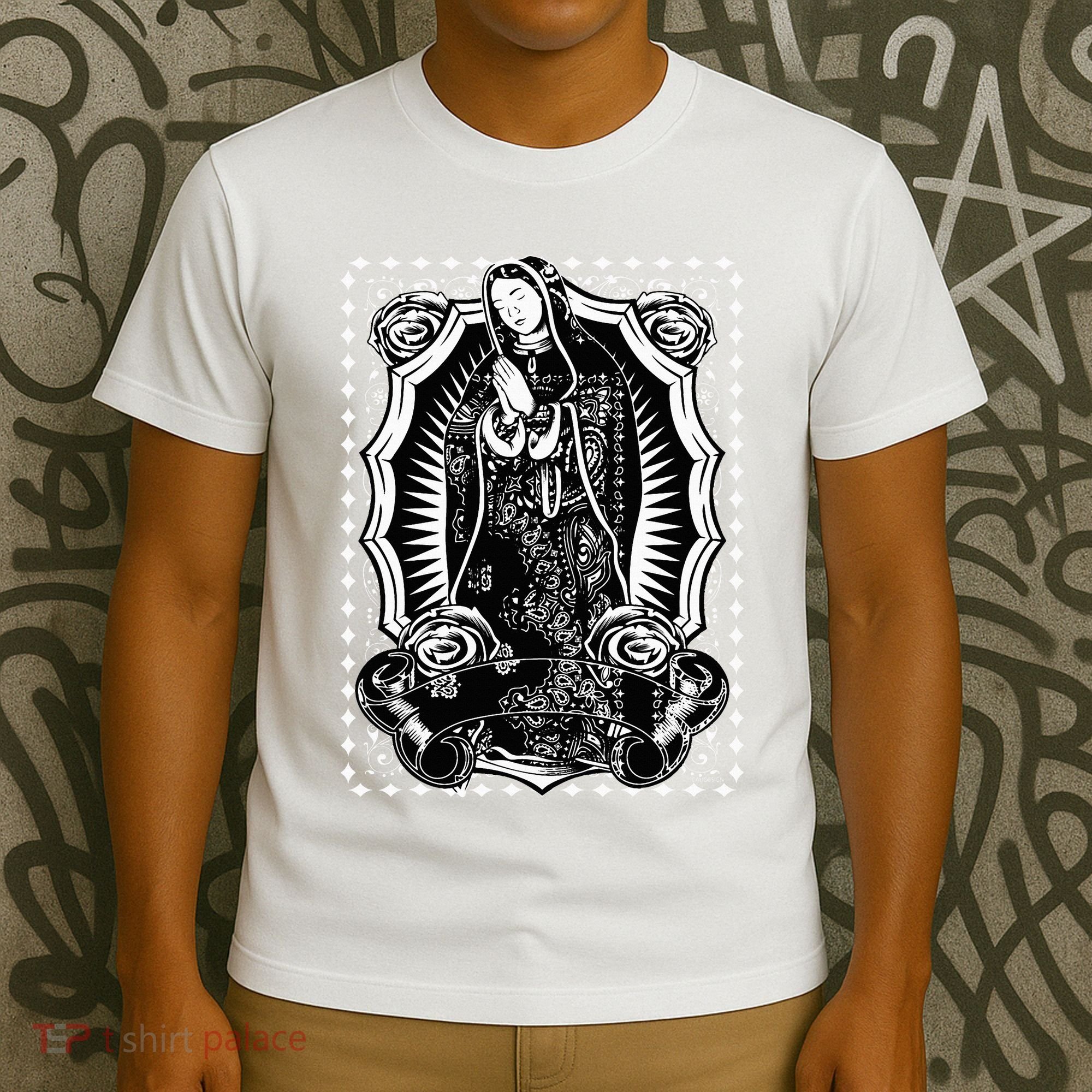 Virgin Mary Black White Bandana Print Chicano Art Cholo T-Shirt