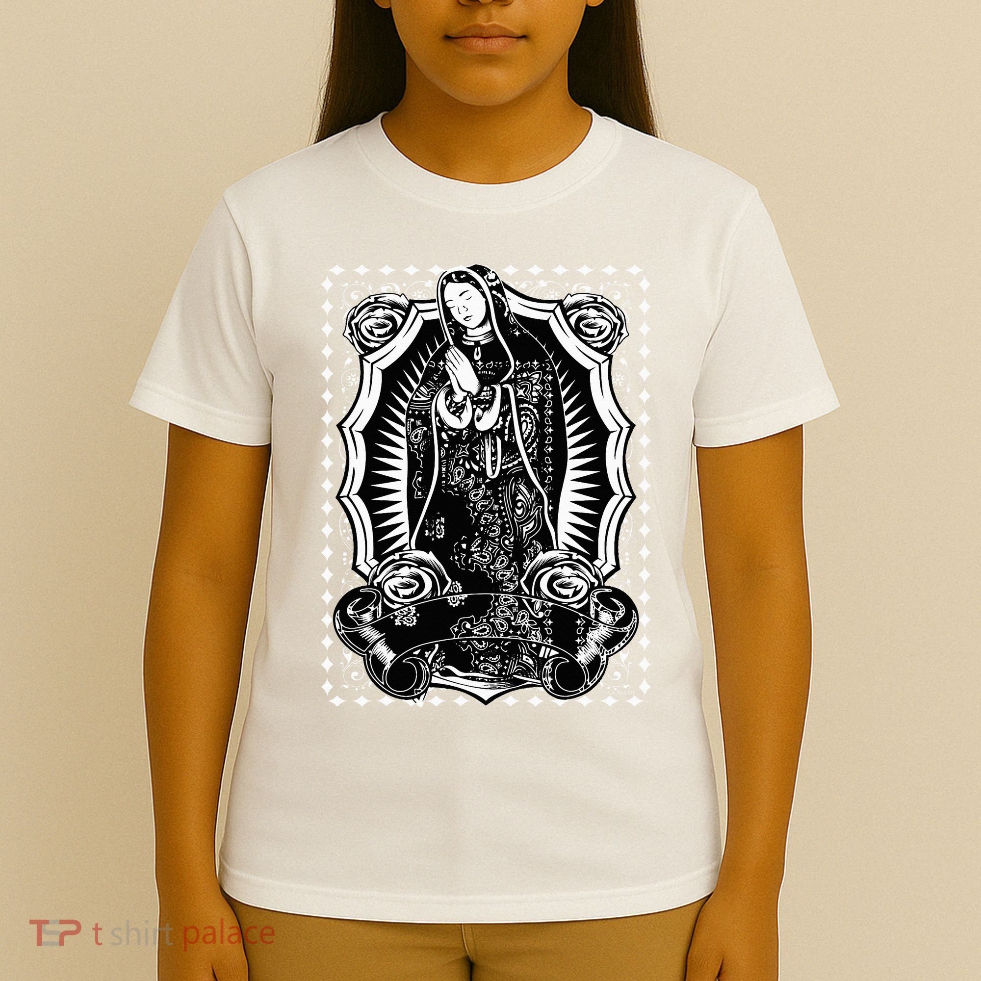 Virgin Mary Black White Bandana Print Chicano Art Cholo T-Shirt