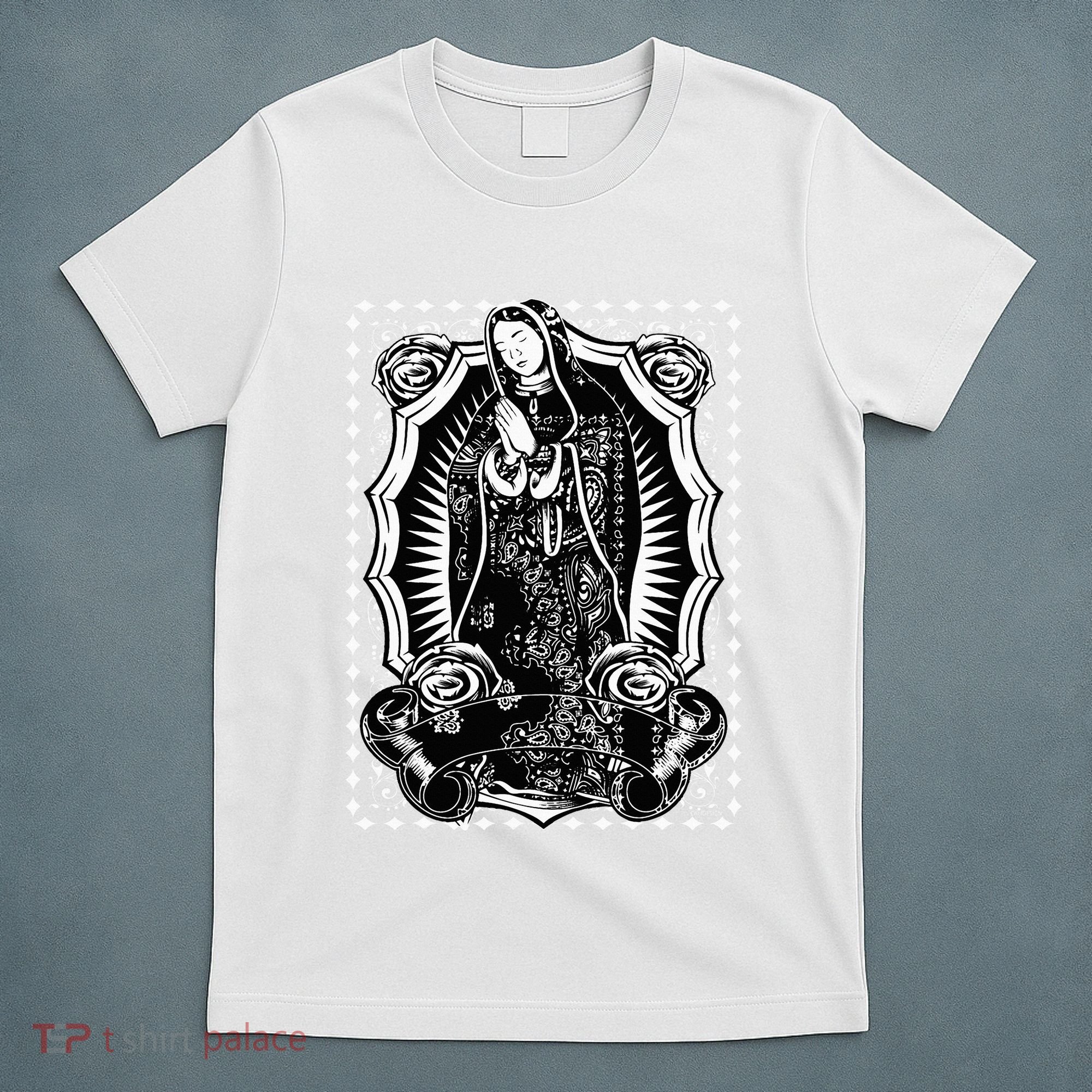 Virgin Mary Black White Bandana Print Chicano Art Cholo T-Shirt