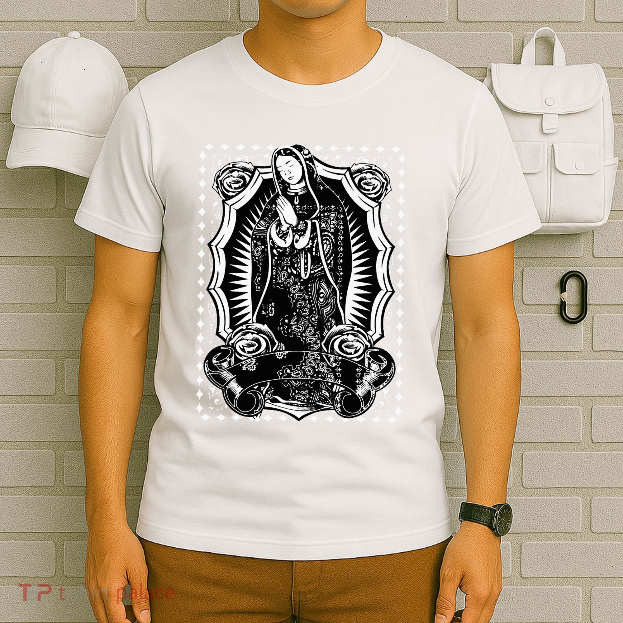 Virgin Mary Black White Bandana Print Chicano Art Cholo T-Shirt