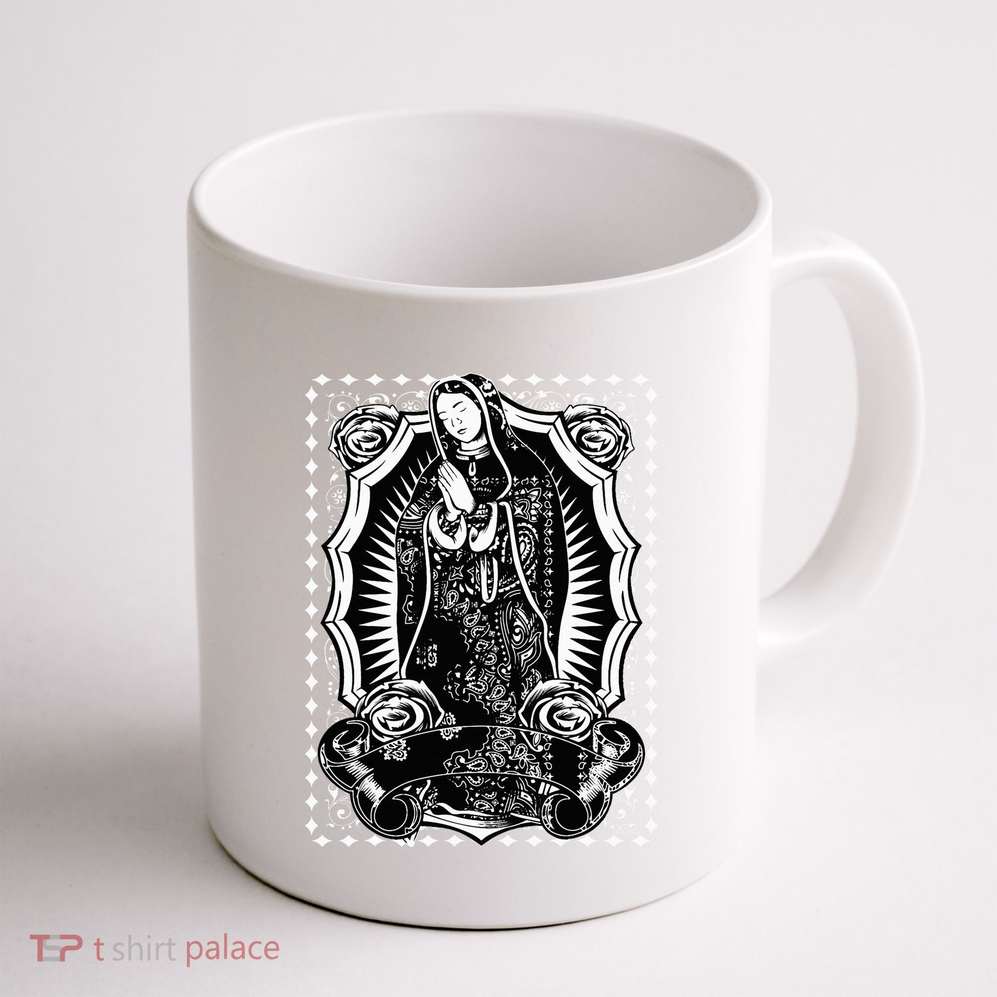 Virgin Mary Black White Bandana Print Chicano Art Cholo Coffee Mug