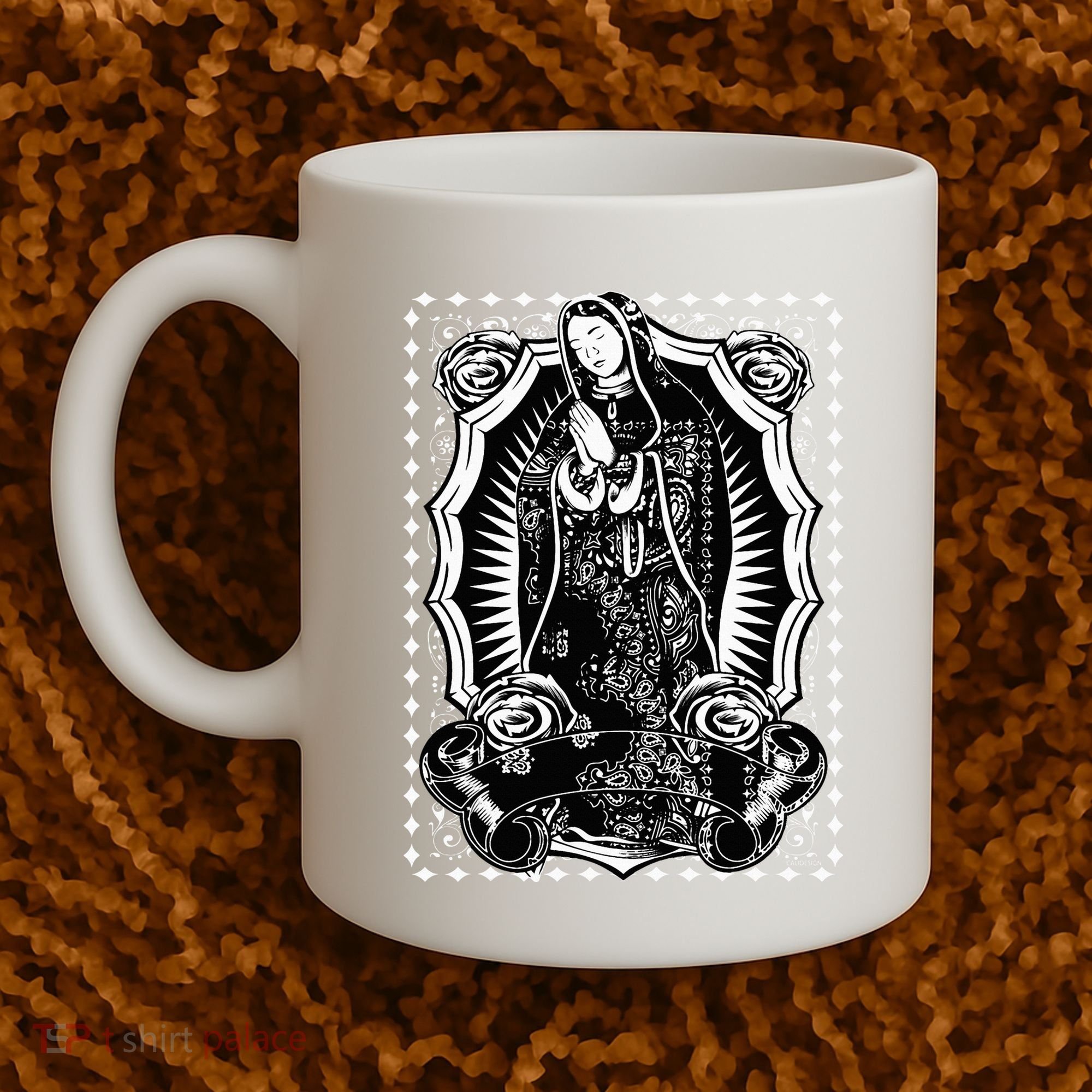 Virgin Mary Black White Bandana Print Chicano Art Cholo Coffee Mug