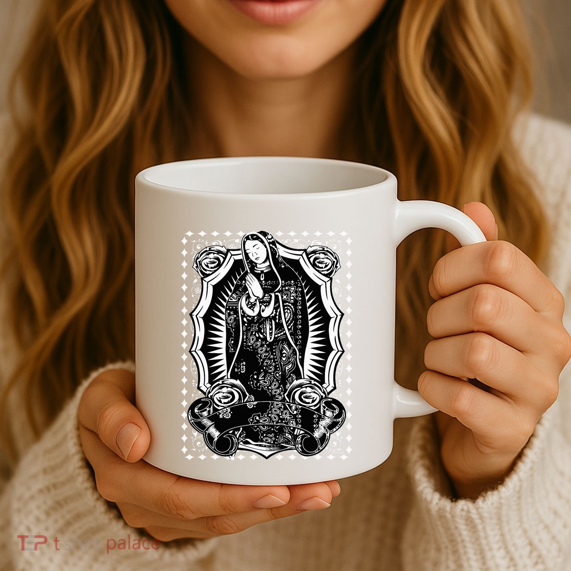 Virgin Mary Black White Bandana Print Chicano Art Cholo Coffee Mug