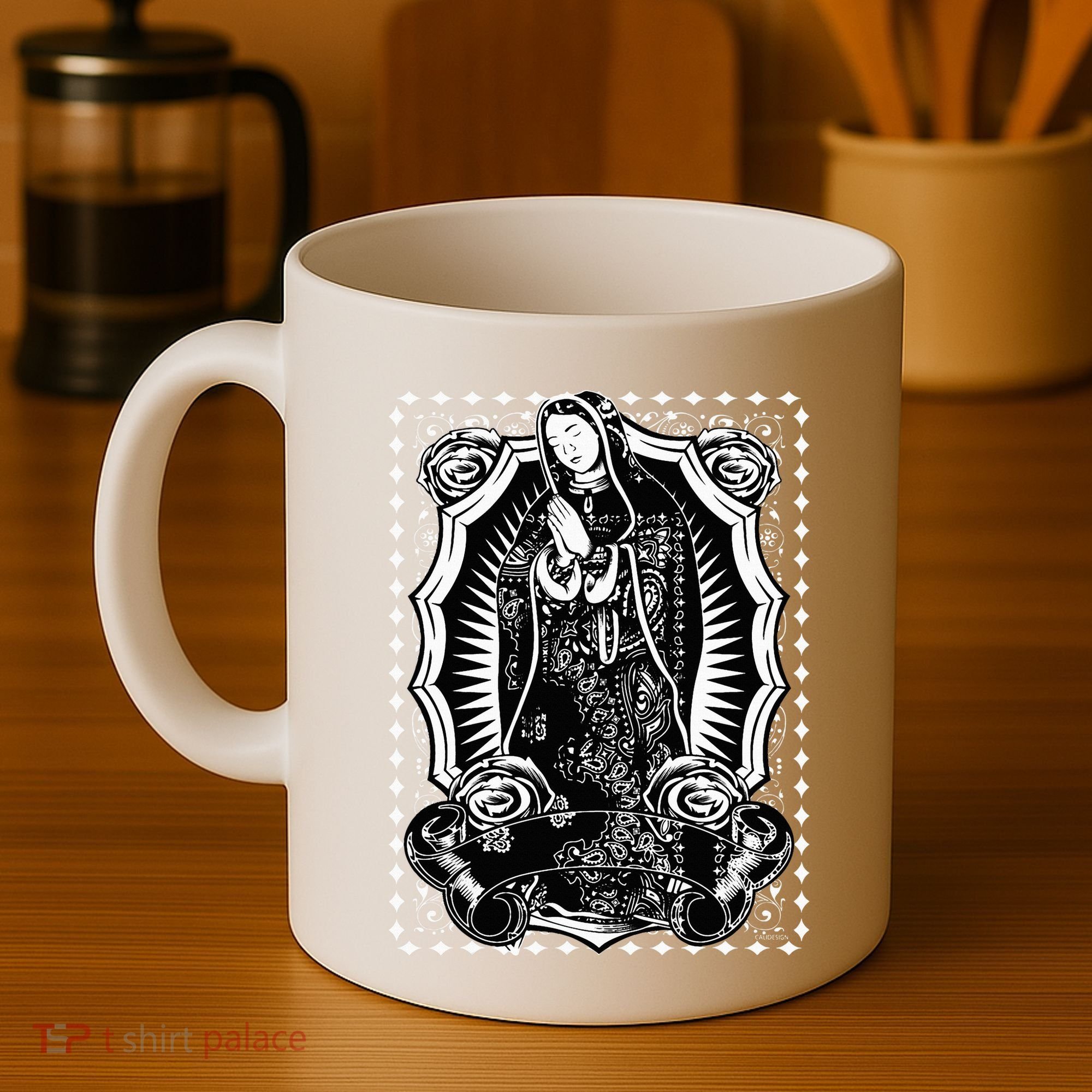 Virgin Mary Black White Bandana Print Chicano Art Cholo Coffee Mug