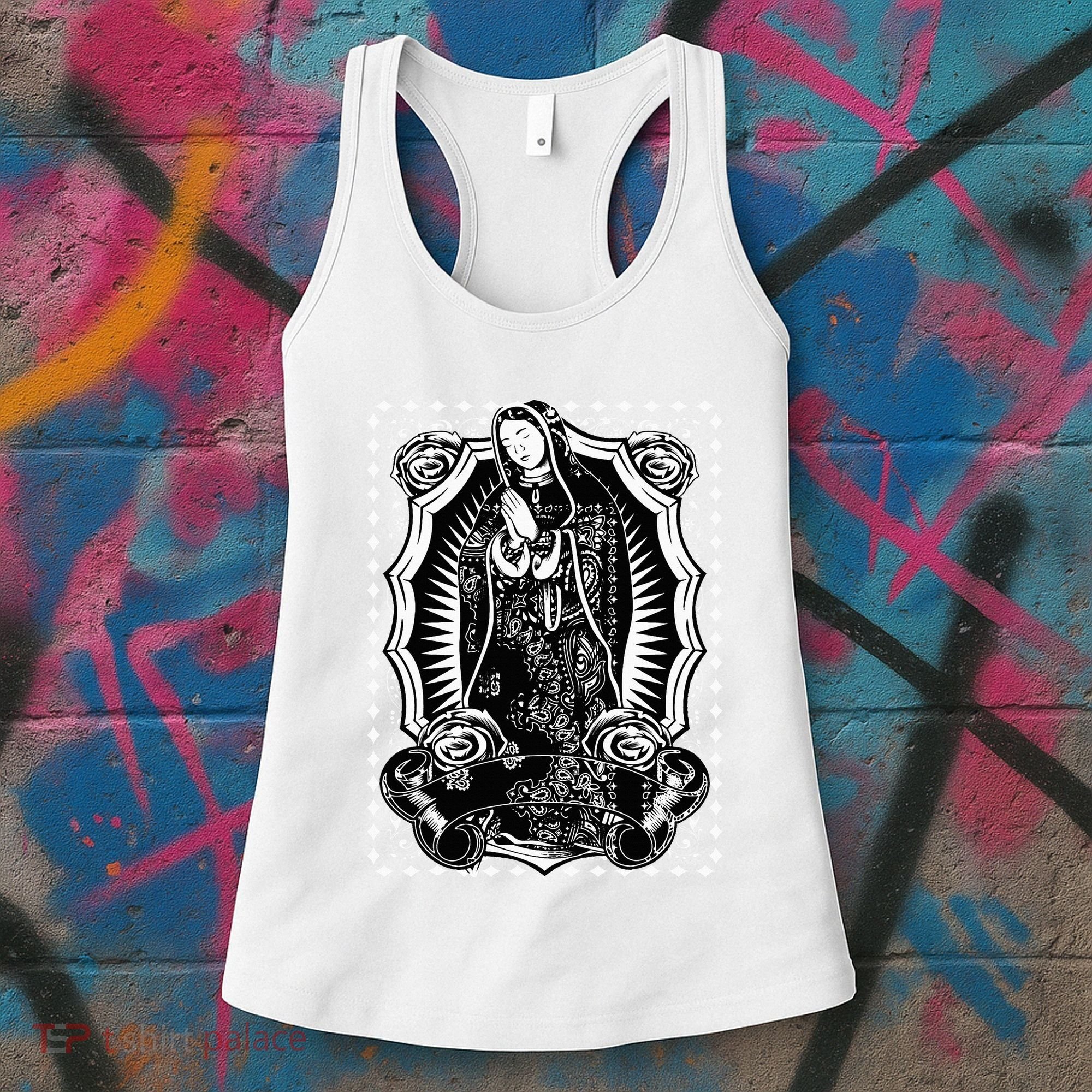 Virgin Mary Black White Bandana Print Chicano Art Cholo Women's Tank Top
