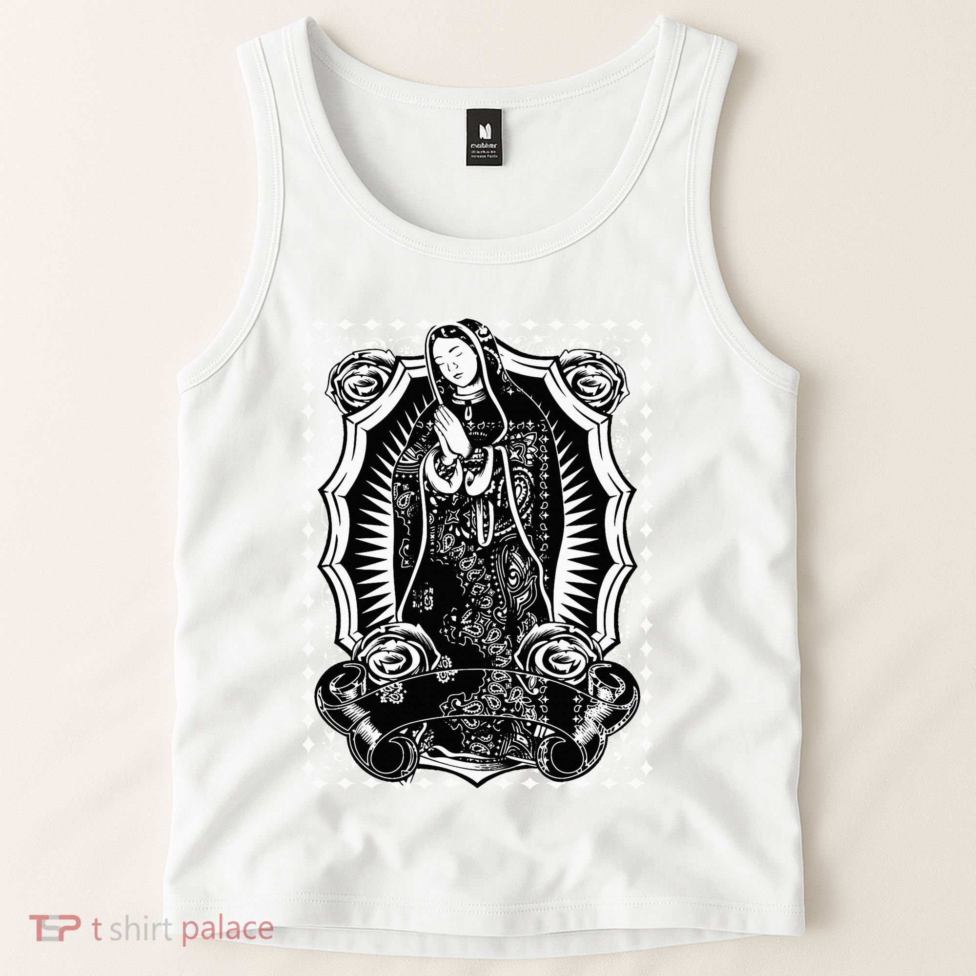 Virgin Mary Black White Bandana Print Chicano Art Cholo Tank Top
