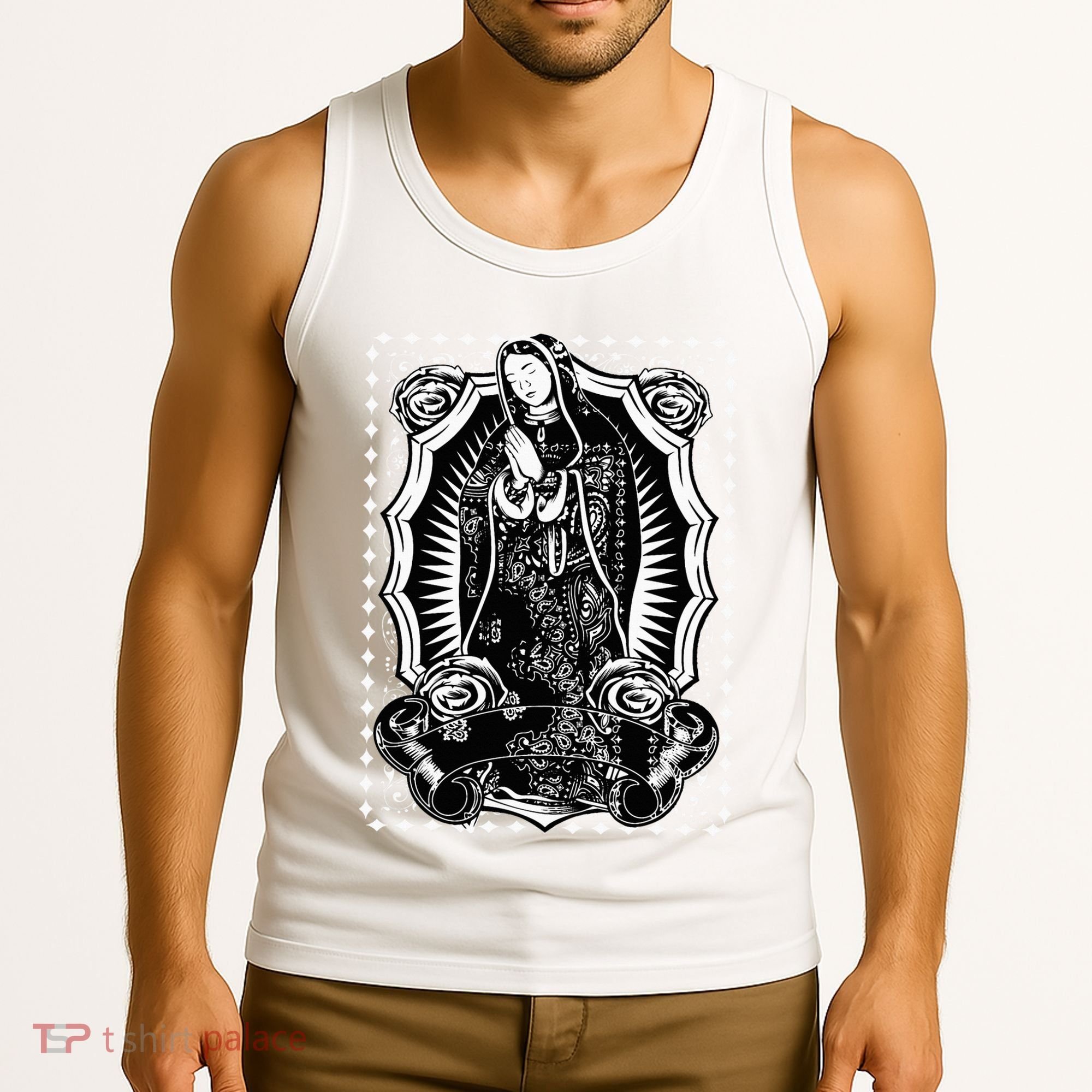 Virgin Mary Black White Bandana Print Chicano Art Cholo Tank Top