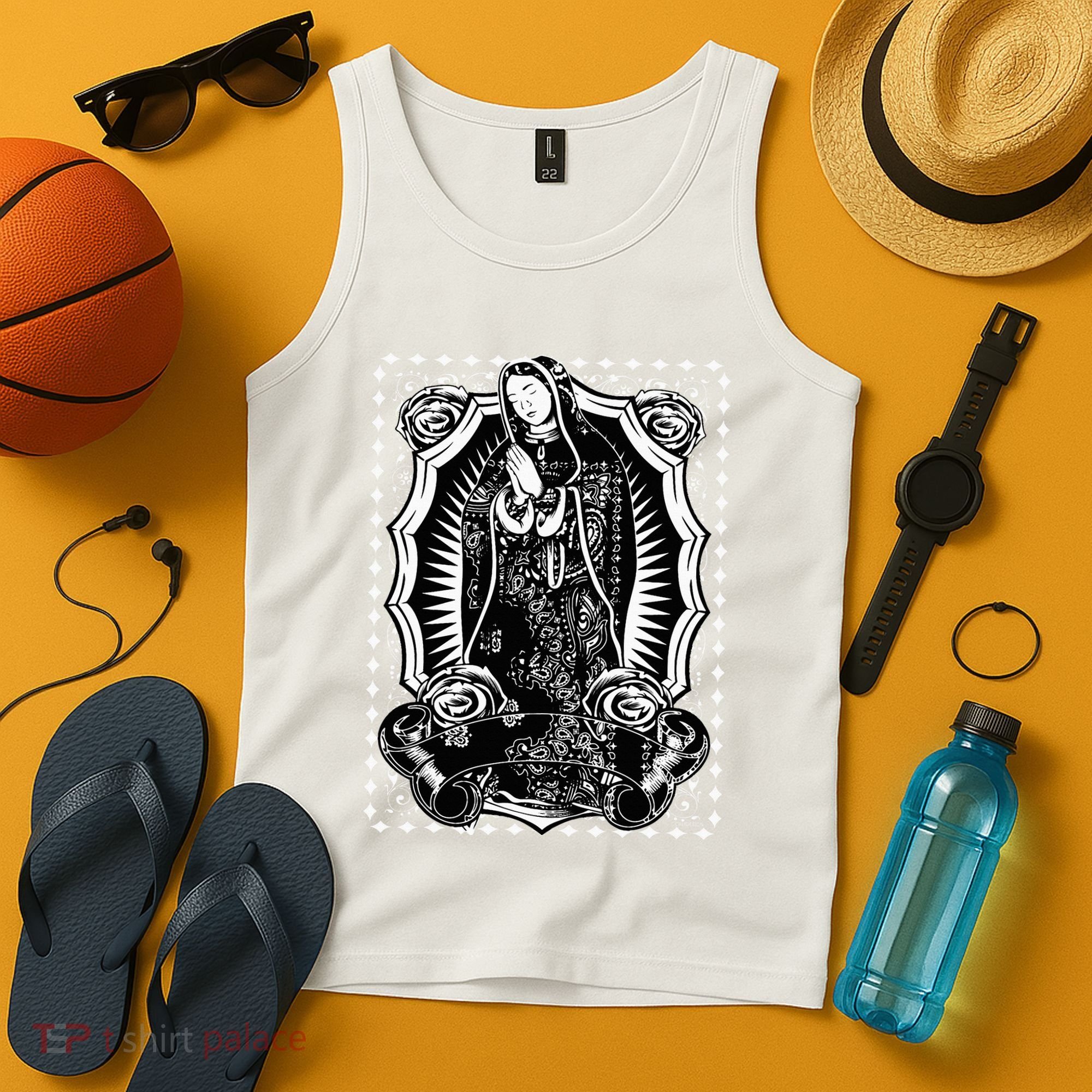 Virgin Mary Black White Bandana Print Chicano Art Cholo Tank Top