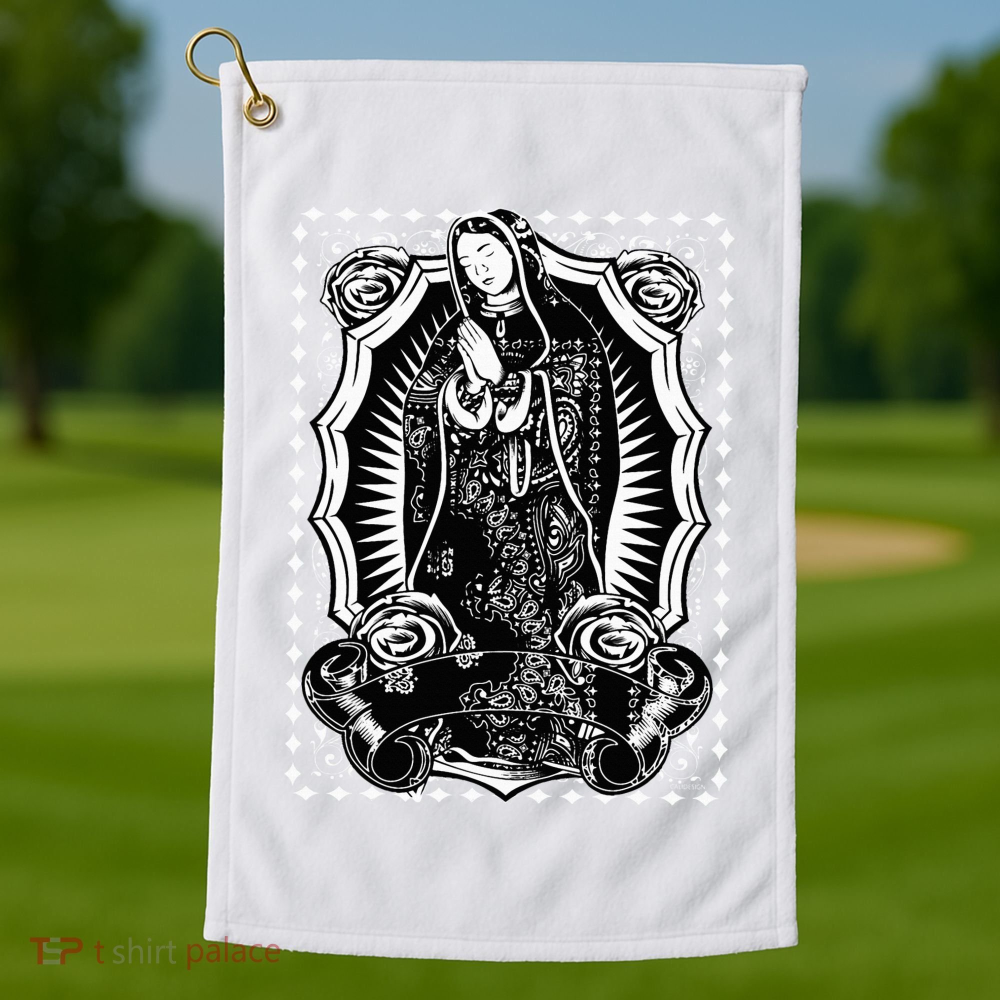 Virgin Mary Black White Bandana Print Chicano Art Cholo Golf Towel