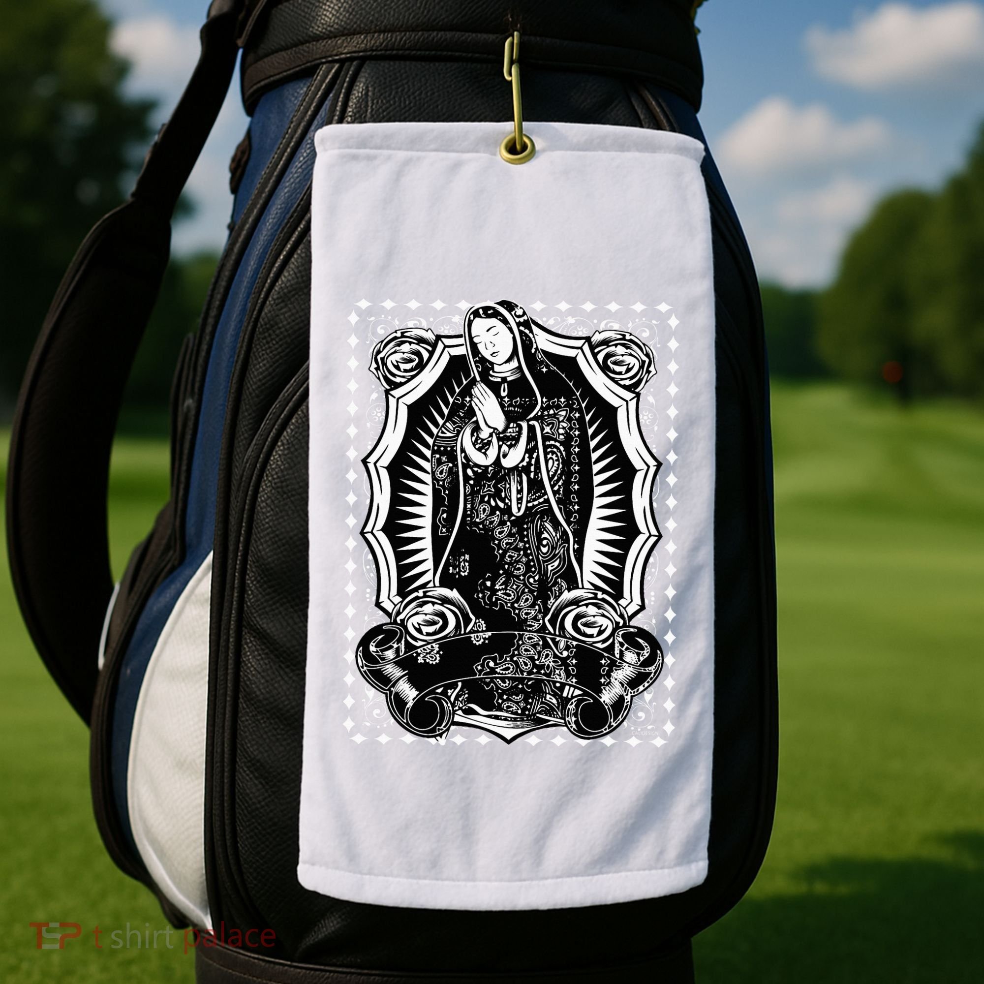 Virgin Mary Black White Bandana Print Chicano Art Cholo Golf Towel