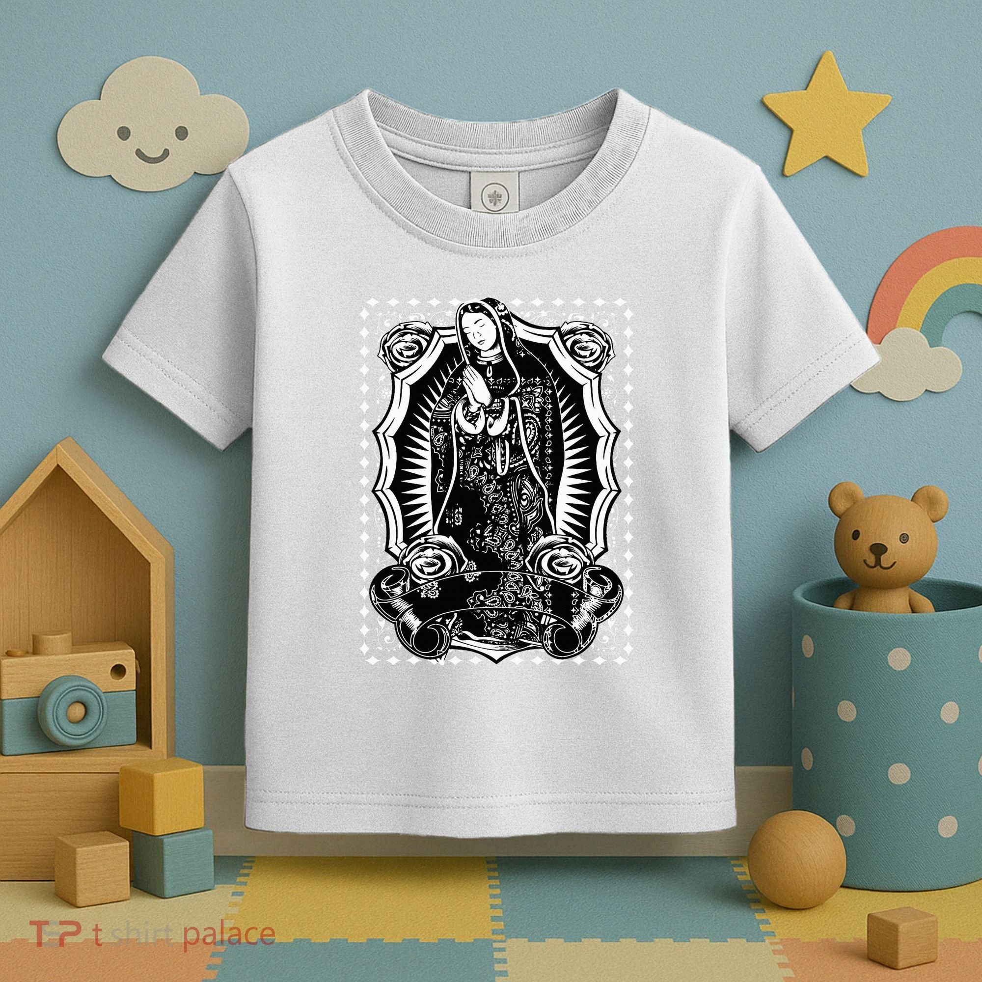 Virgin Mary Black White Bandana Print Chicano Art Cholo Toddler T-Shirt