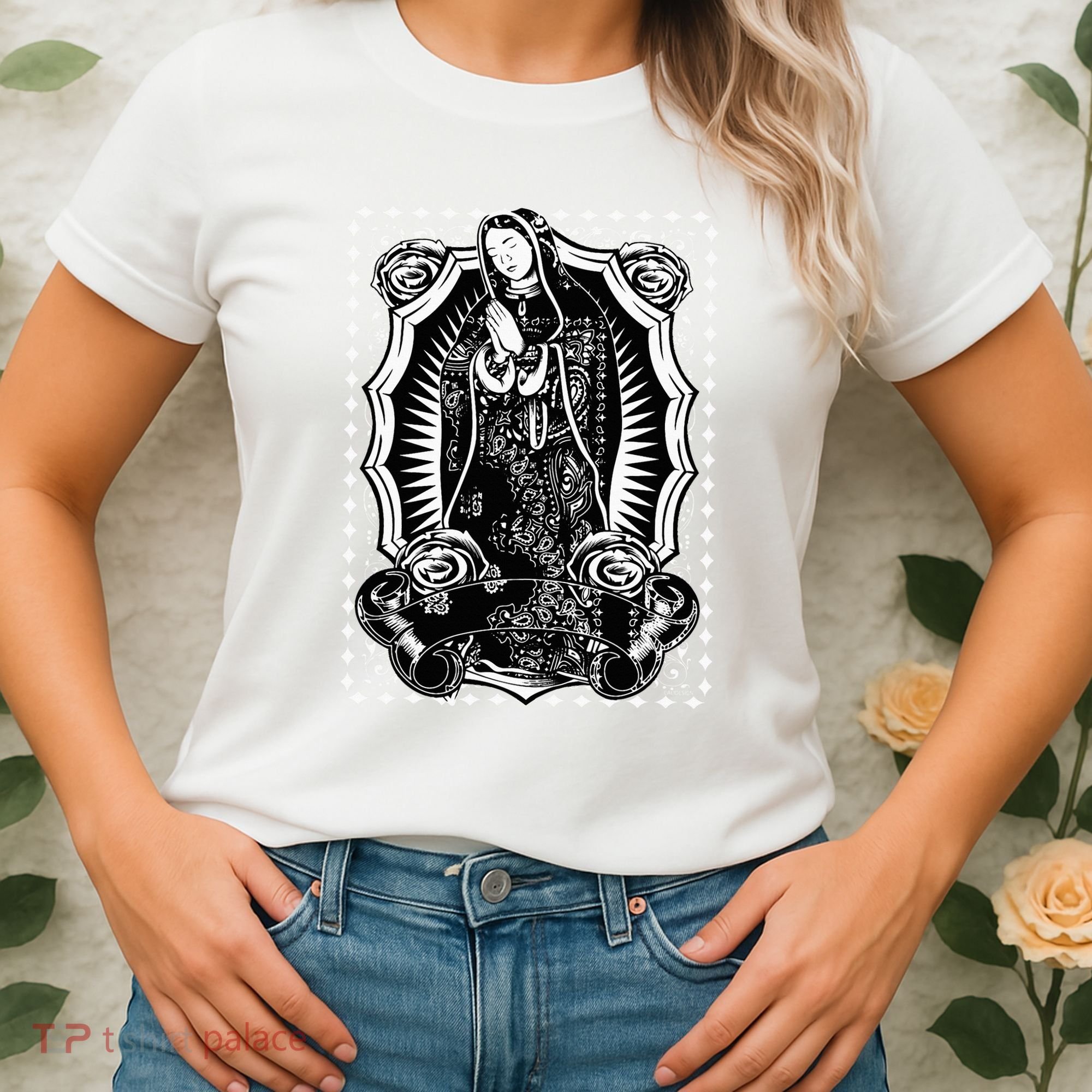 Virgin Mary Black White Bandana Print Chicano Art Cholo Women's T-Shirt