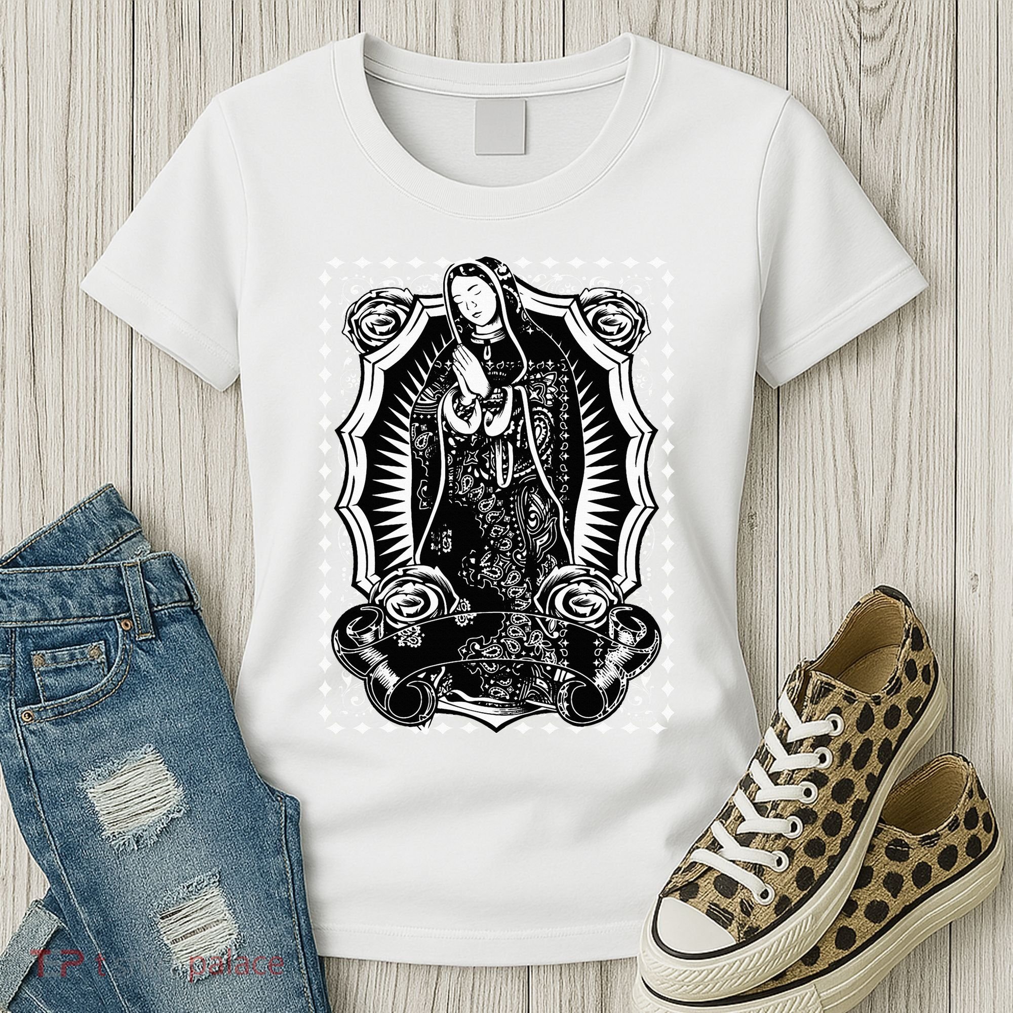 Virgin Mary Black White Bandana Print Chicano Art Cholo Women's T-Shirt