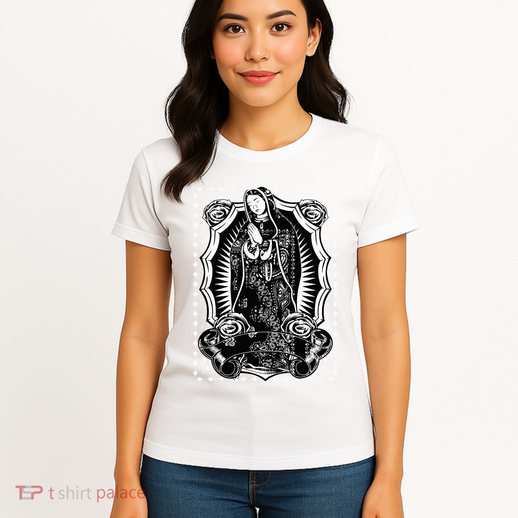 Virgin Mary Black White Bandana Print Chicano Art Cholo Women's T-Shirt