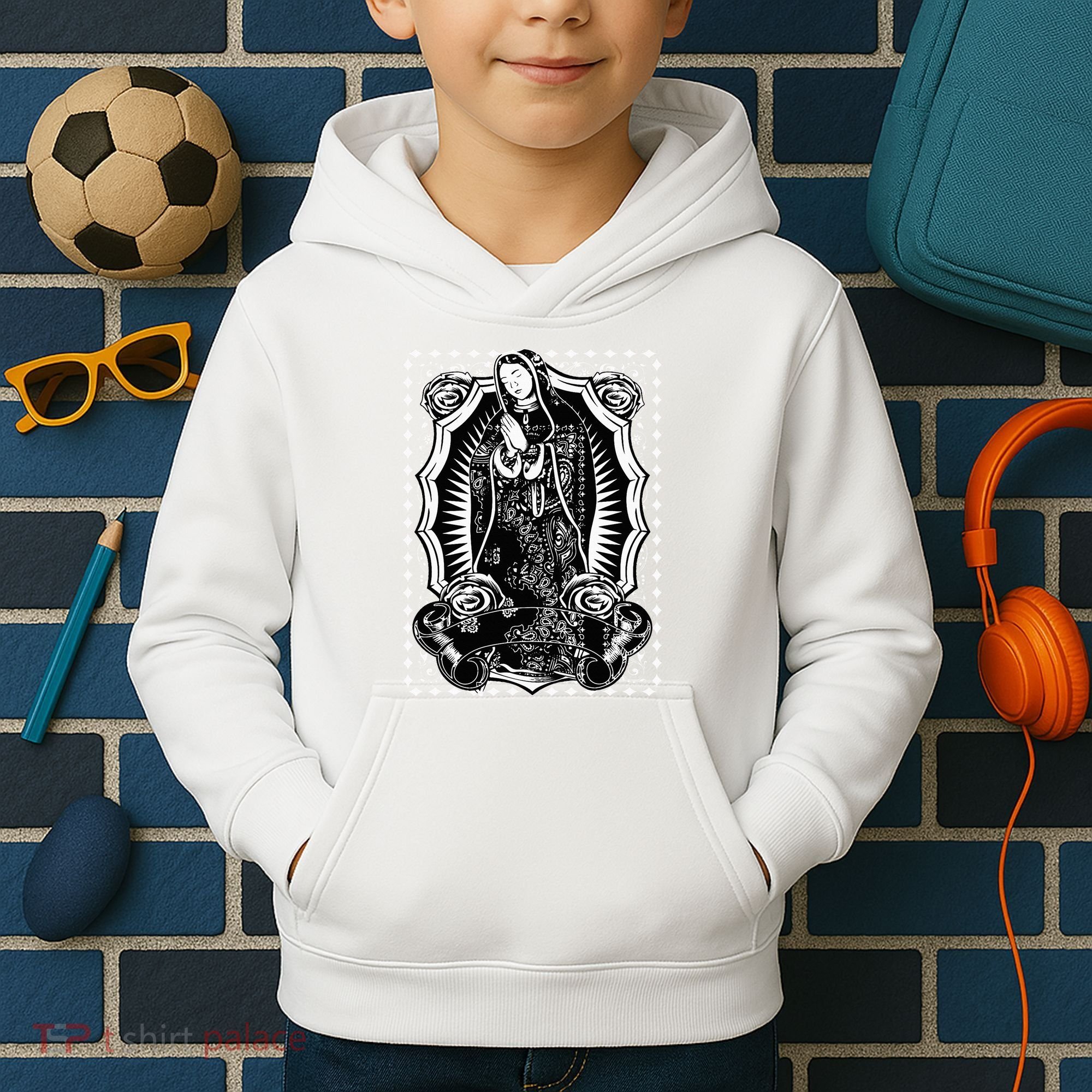 Virgin Mary Black White Bandana Print Chicano Art Cholo Kids Hoodie