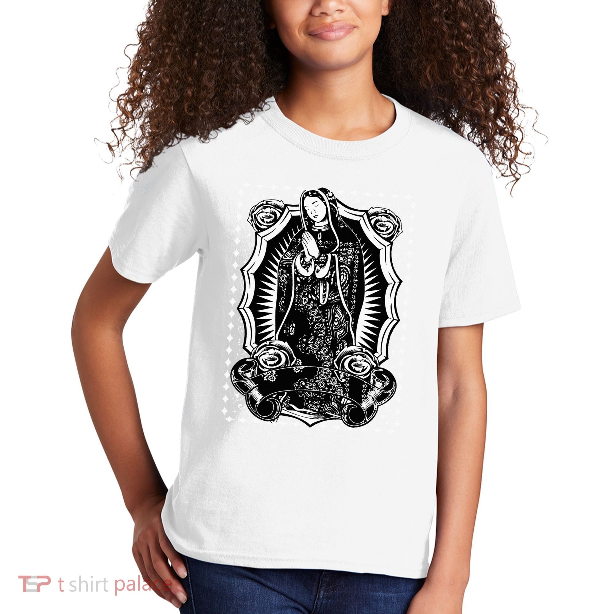 Virgin Mary Black White Bandana Print Chicano Art Cholo Kids T-Shirt