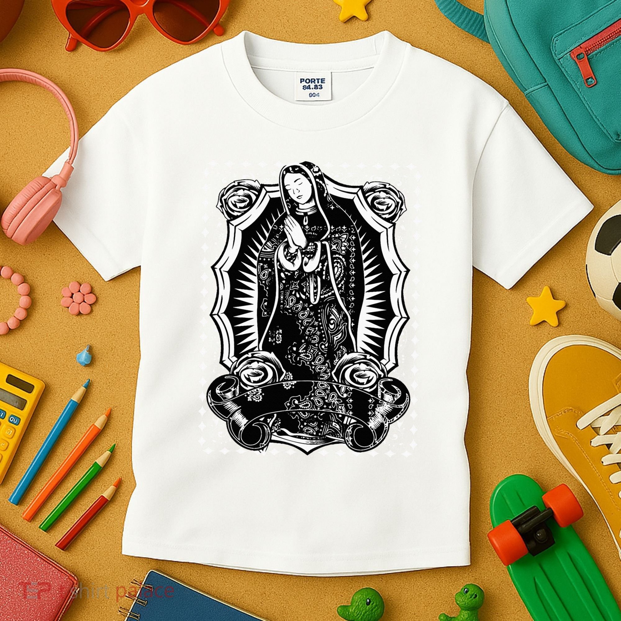 Virgin Mary Black White Bandana Print Chicano Art Cholo Kids T-Shirt