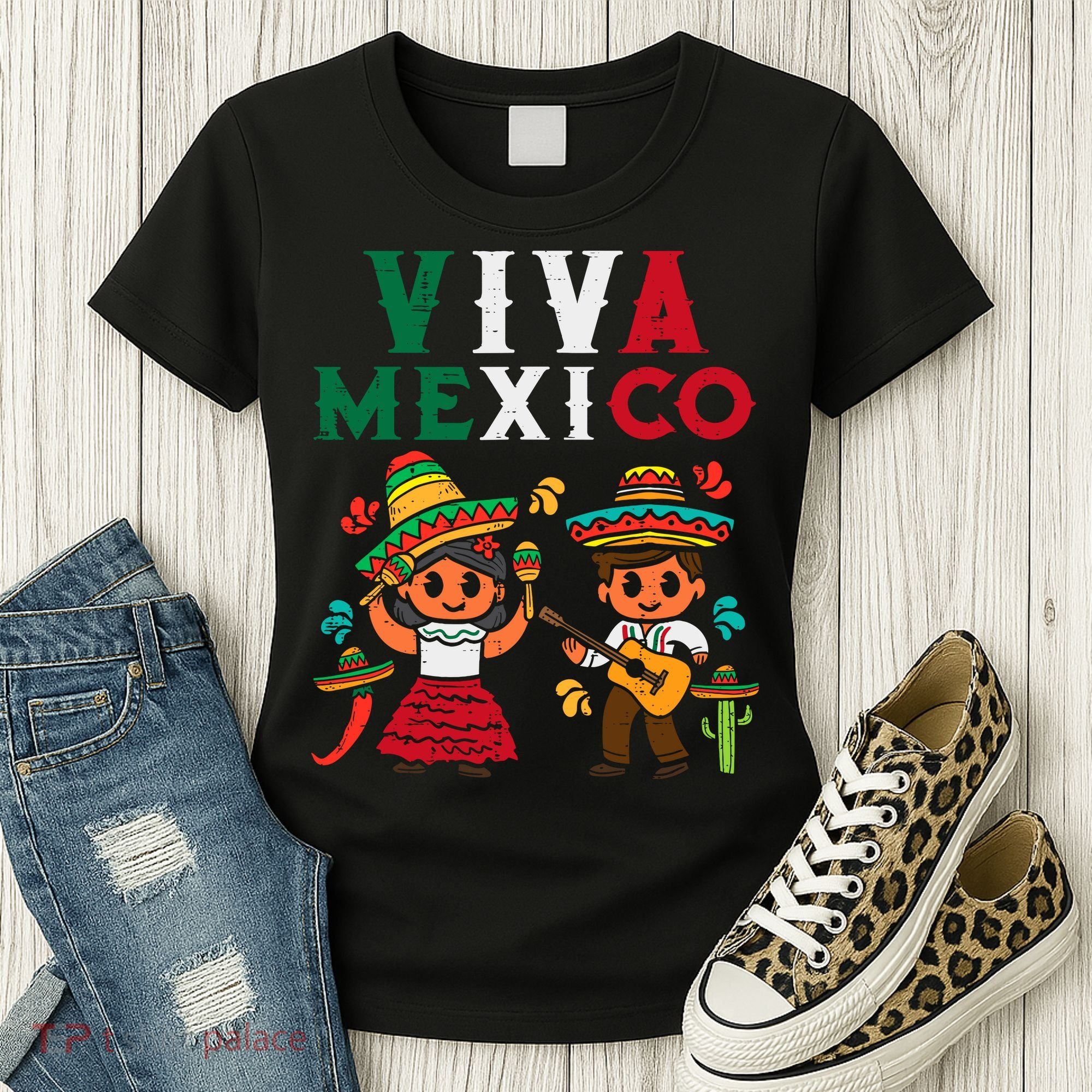 Viva Mexico Boy Girl Maracas Guitar Mexican Independence Women's T-Shirt