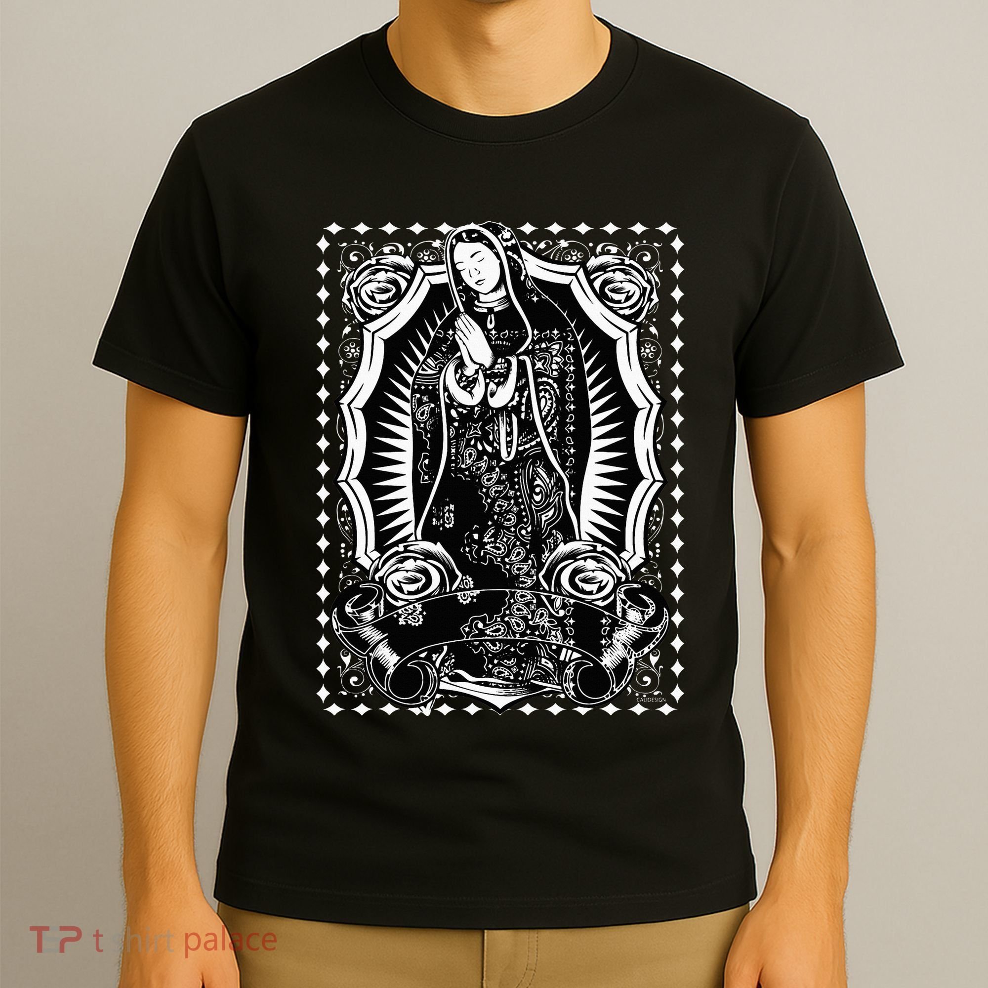 Virgin Mary Black White Bandana Print Chicano Art Cholo T-Shirt
