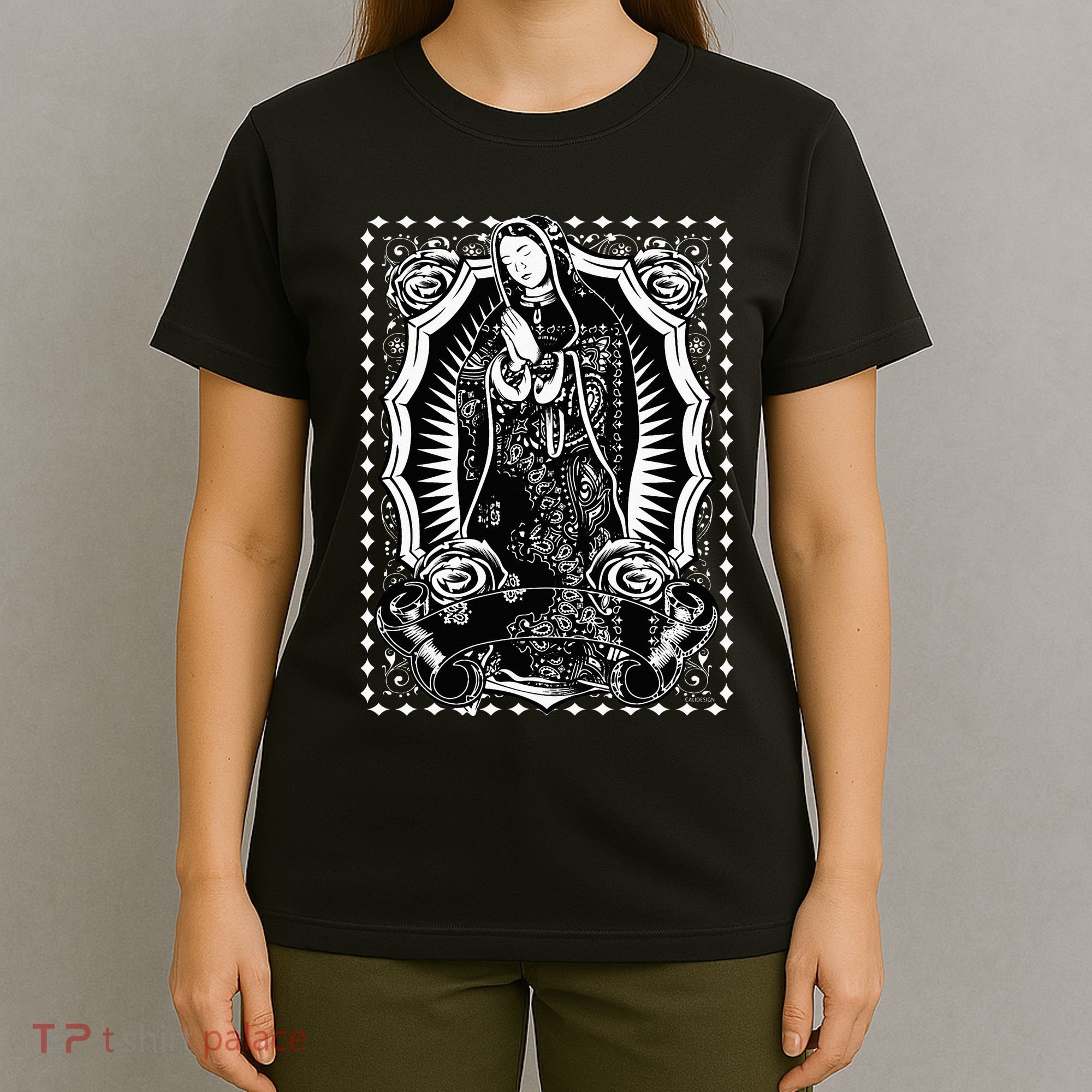 Virgin Mary Black White Bandana Print Chicano Art Cholo T-Shirt