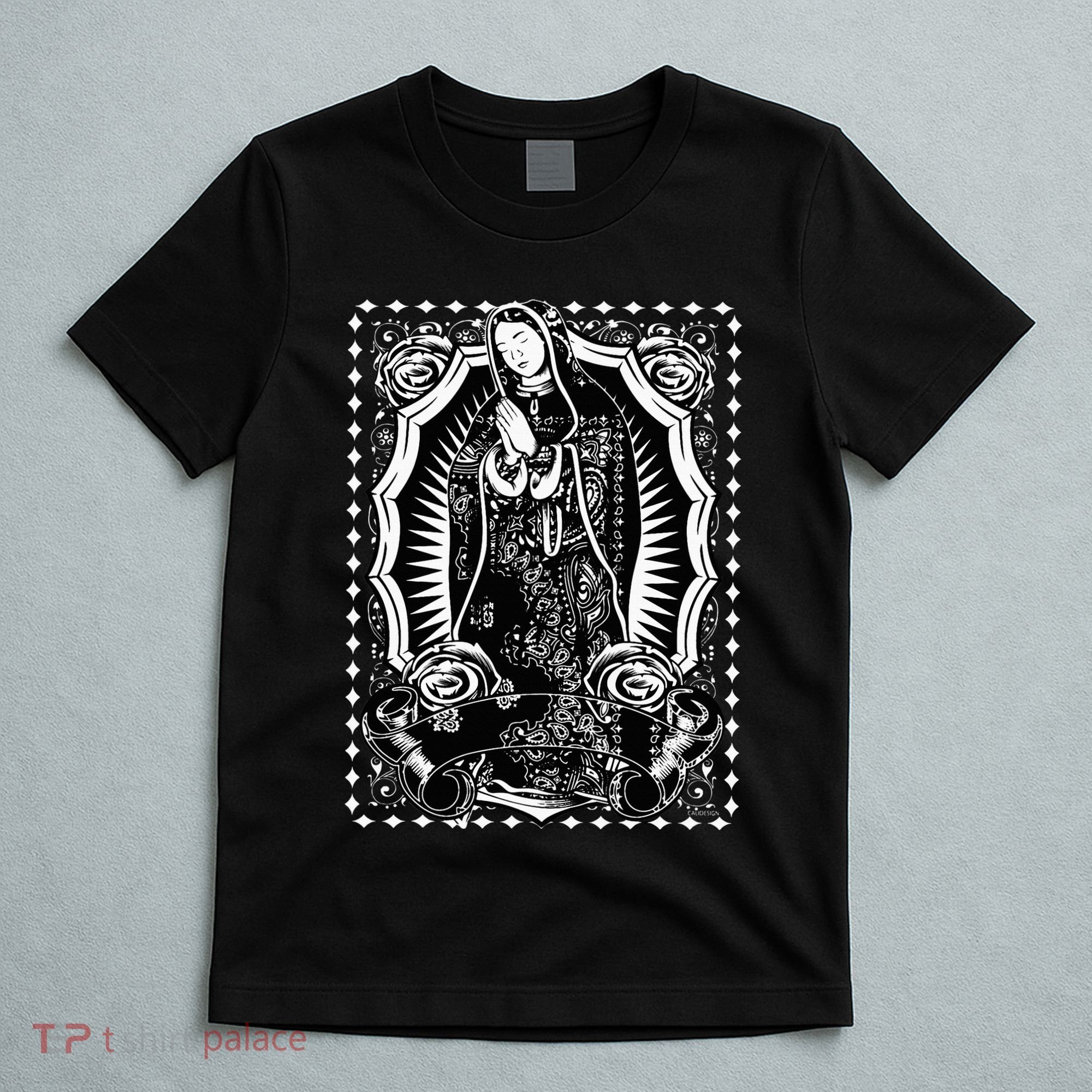 Virgin Mary Black White Bandana Print Chicano Art Cholo T-Shirt