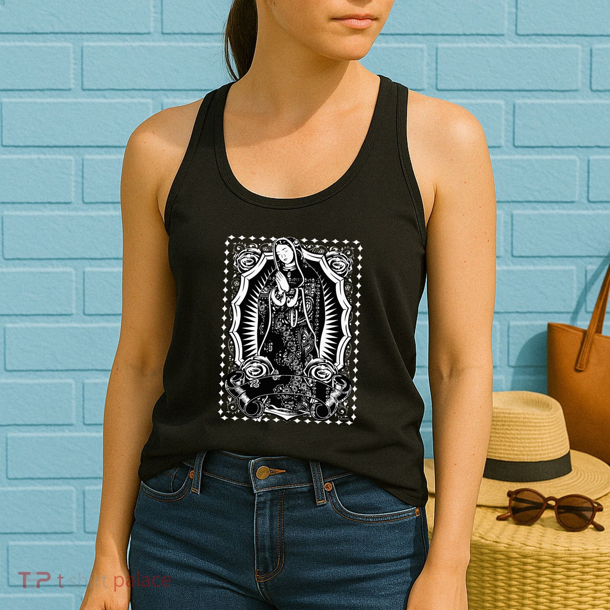 Virgin Mary Black White Bandana Print Chicano Art Cholo Women's Tank Top