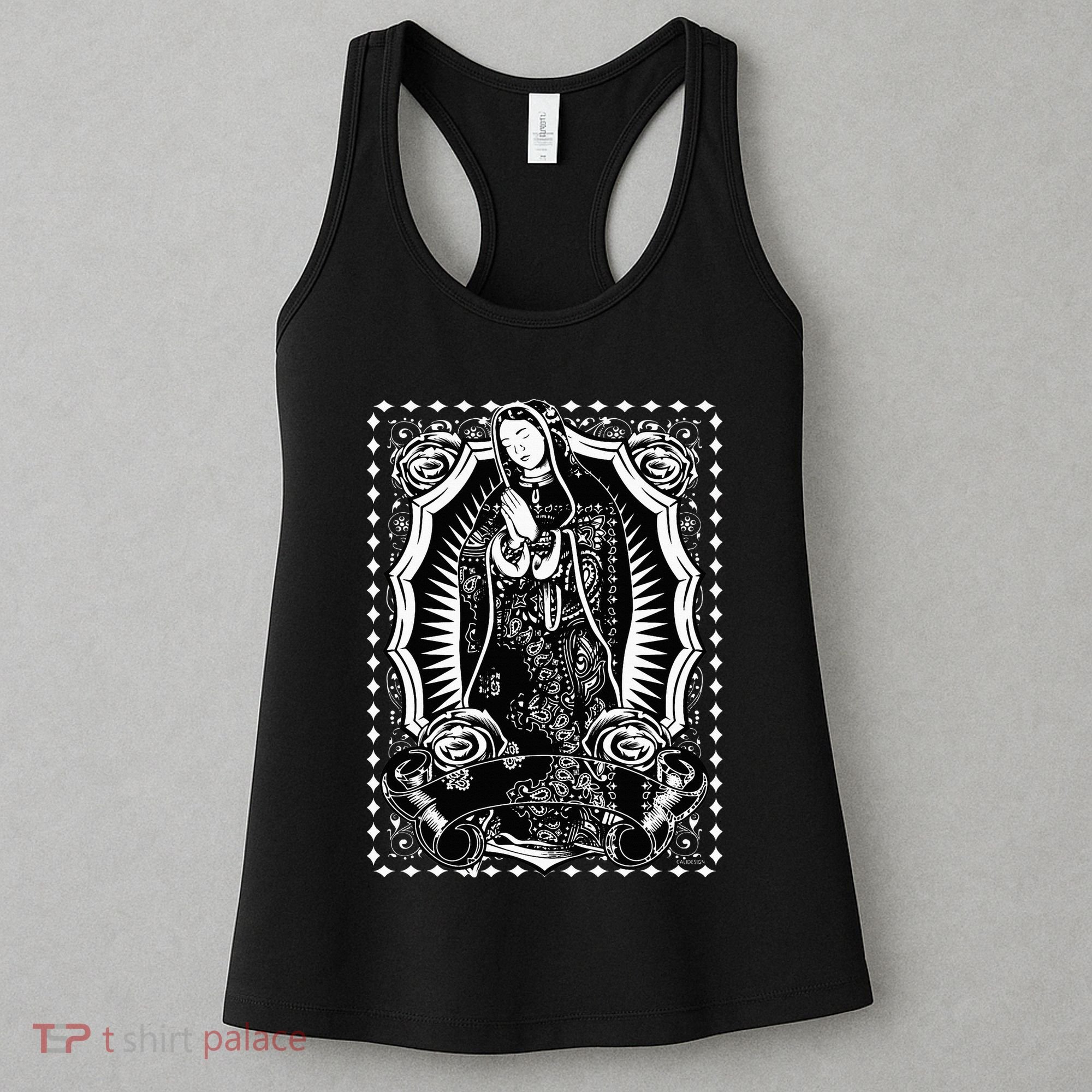 Virgin Mary Black White Bandana Print Chicano Art Cholo Women's Tank Top