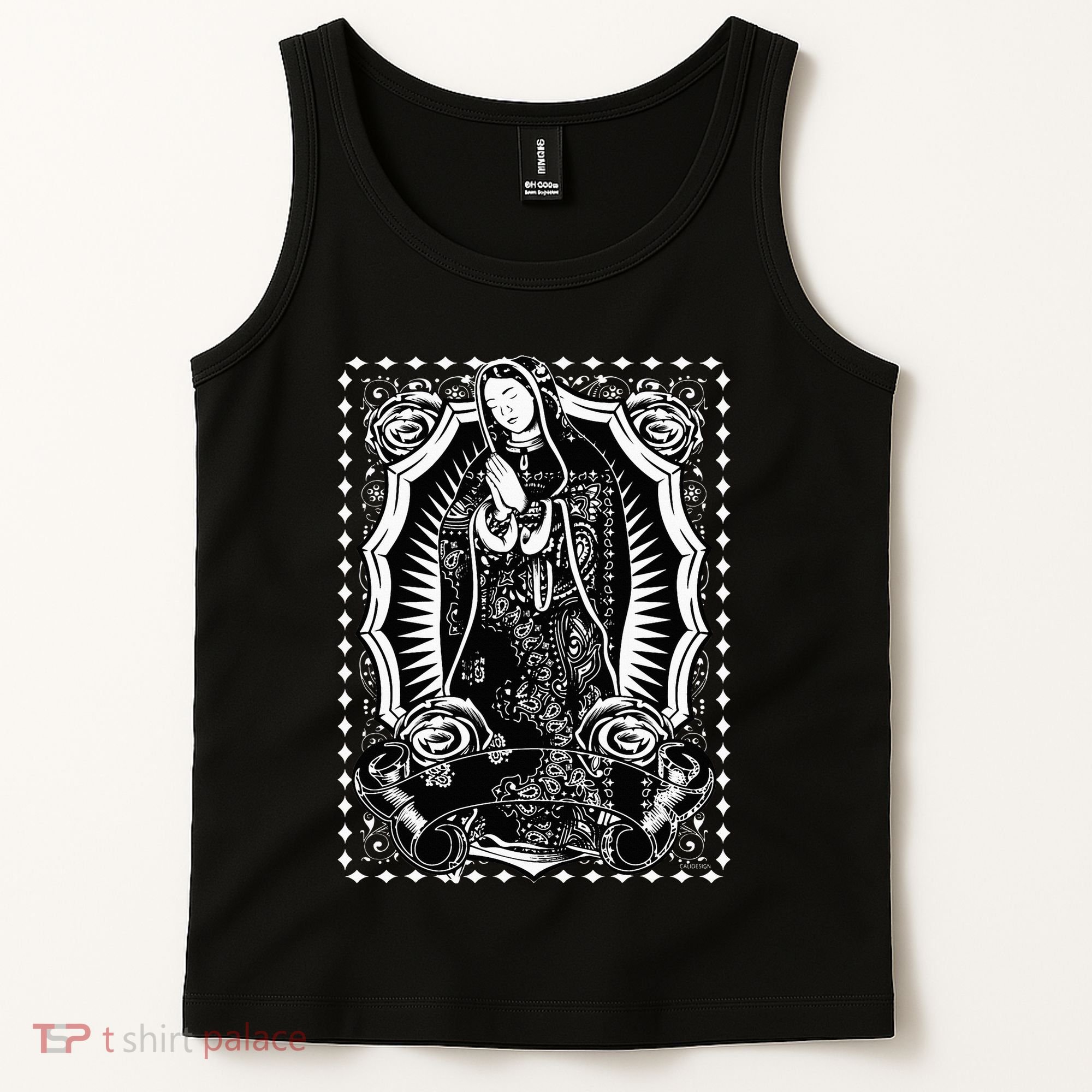 Virgin Mary Black White Bandana Print Chicano Art Cholo Tank Top
