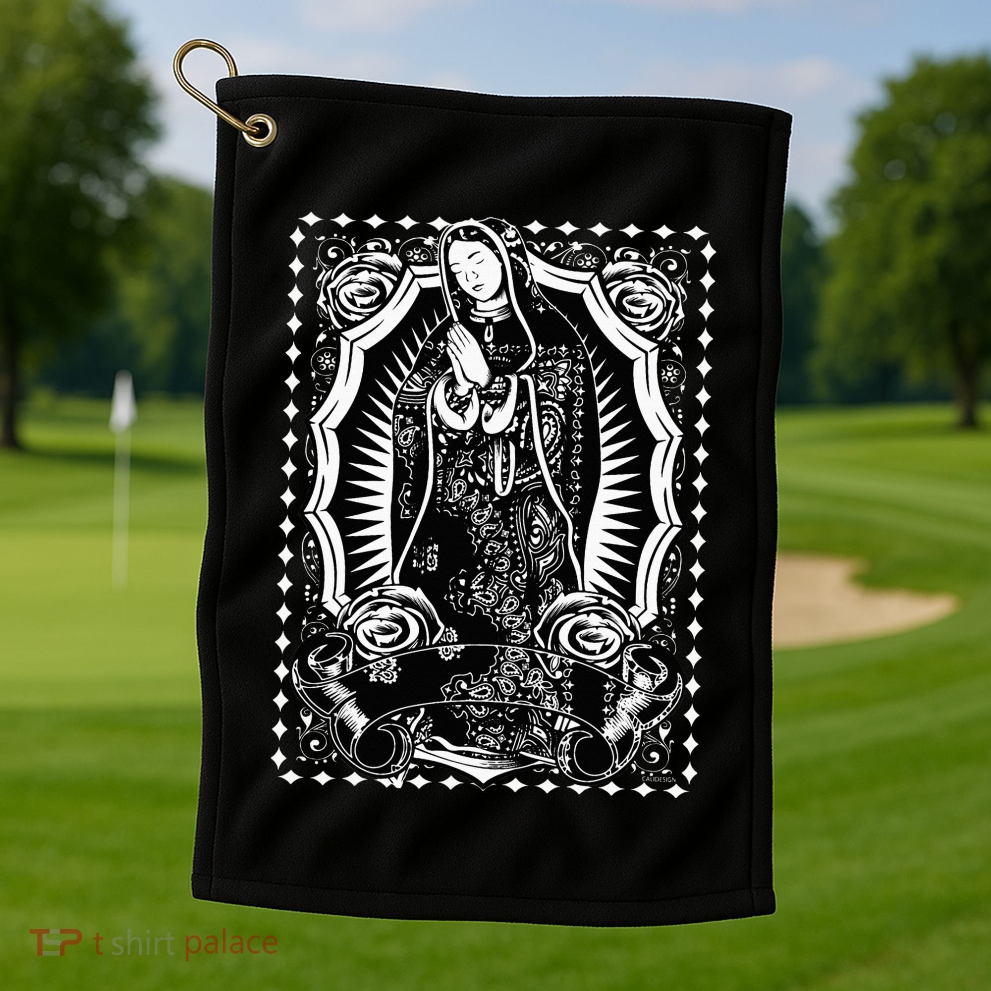 Virgin Mary Black White Bandana Print Chicano Art Cholo Golf Towel