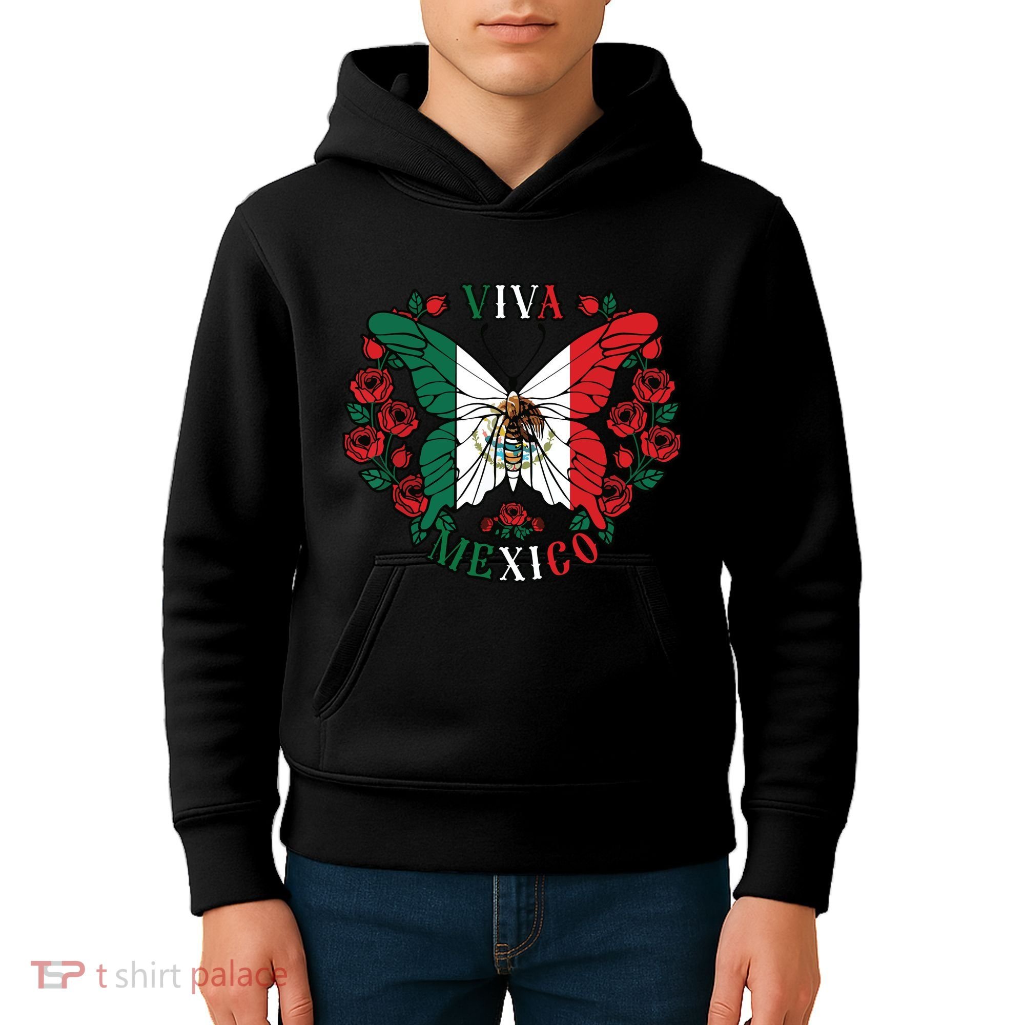 Viva Mexico Butterfly Rose Mexican Independence Kids Hoodie