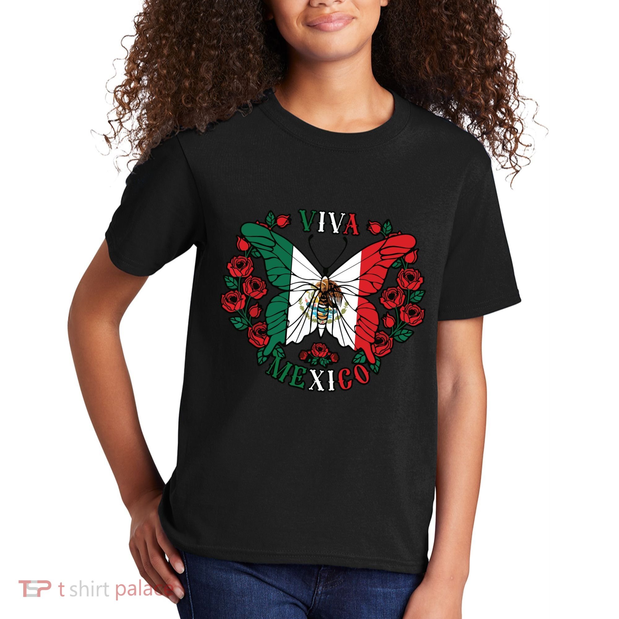 Viva Mexico Butterfly Rose Mexican Independence Kids T-Shirt