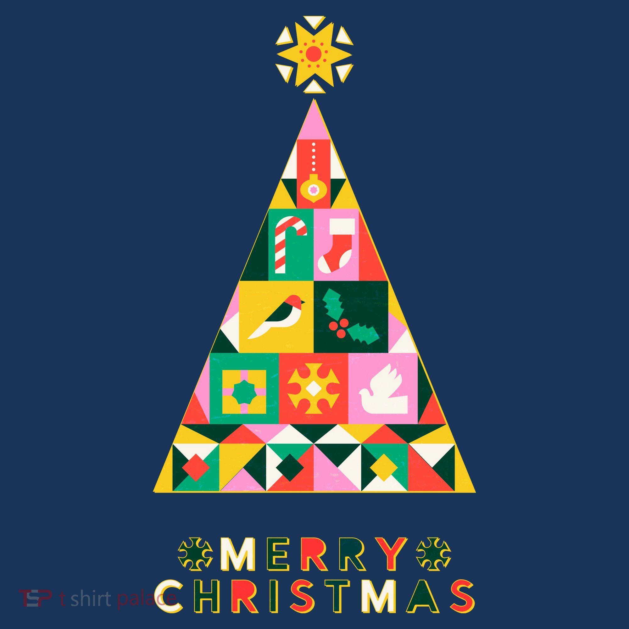 Vintage Merry Christmas Pattern Tree T-Shirt