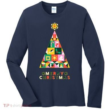 Vintage Merry Christmas Pattern Tree Women's Long Sleeve Shirt