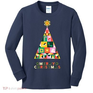 Vintage Merry Christmas Pattern Tree Kids Long Sleeve Shirt