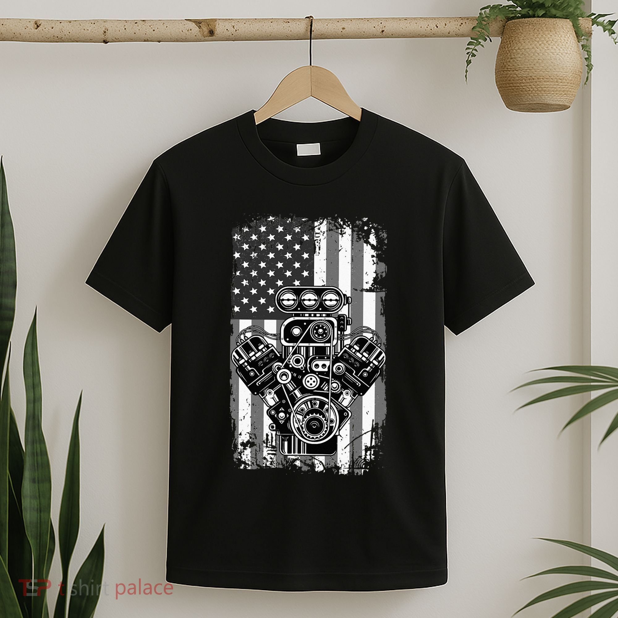 Vintage Muscle Car Piston American Flag Funny Mechanic Gift T-Shirt